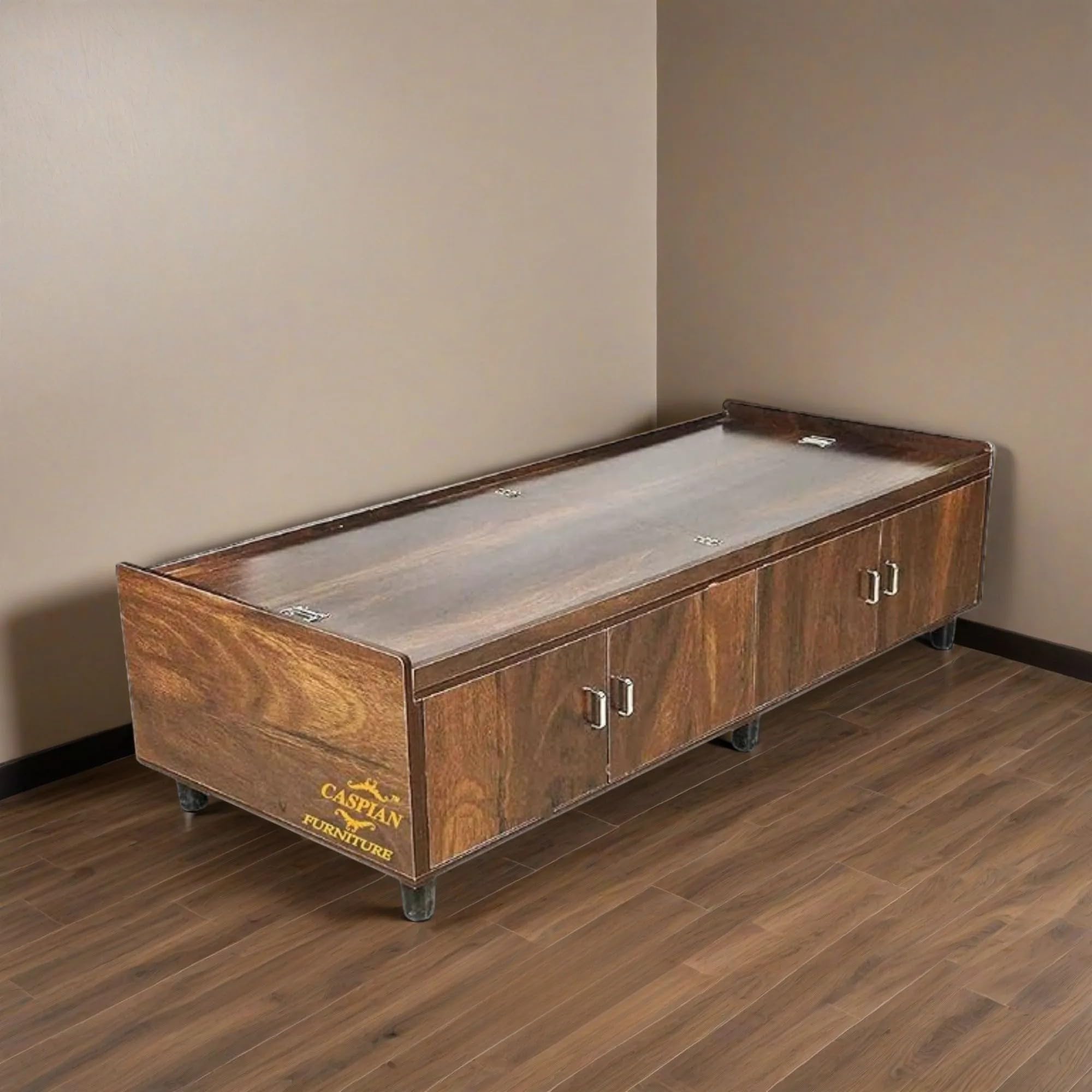 CASPIAN Single Bed Engineered Wood 72 x 24 inch (Brown) | Walnut Finish Multipurpose Divan Bed with Side, Upper Storage Box & Legs | Wooden Furniture for Home, Living Room & Bedroom