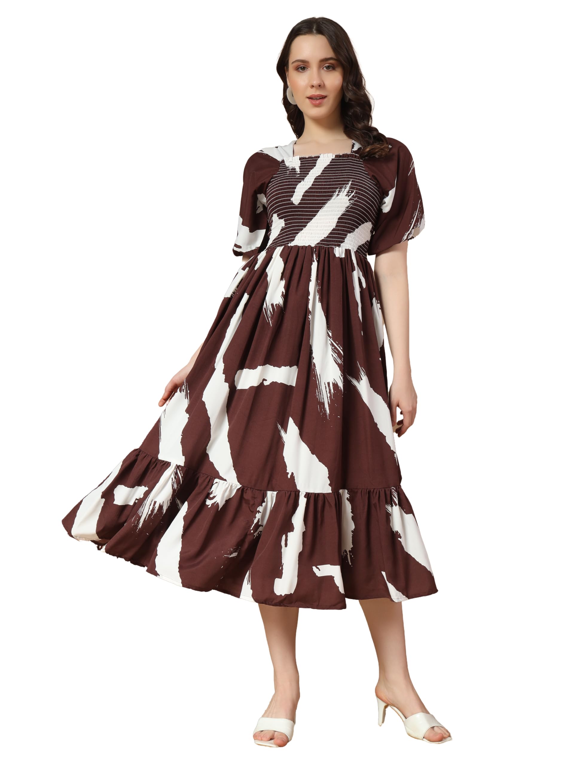 Kzully Women's Crepe A-Line Midi Dress (1001-Brush-Coffee-L_Brown