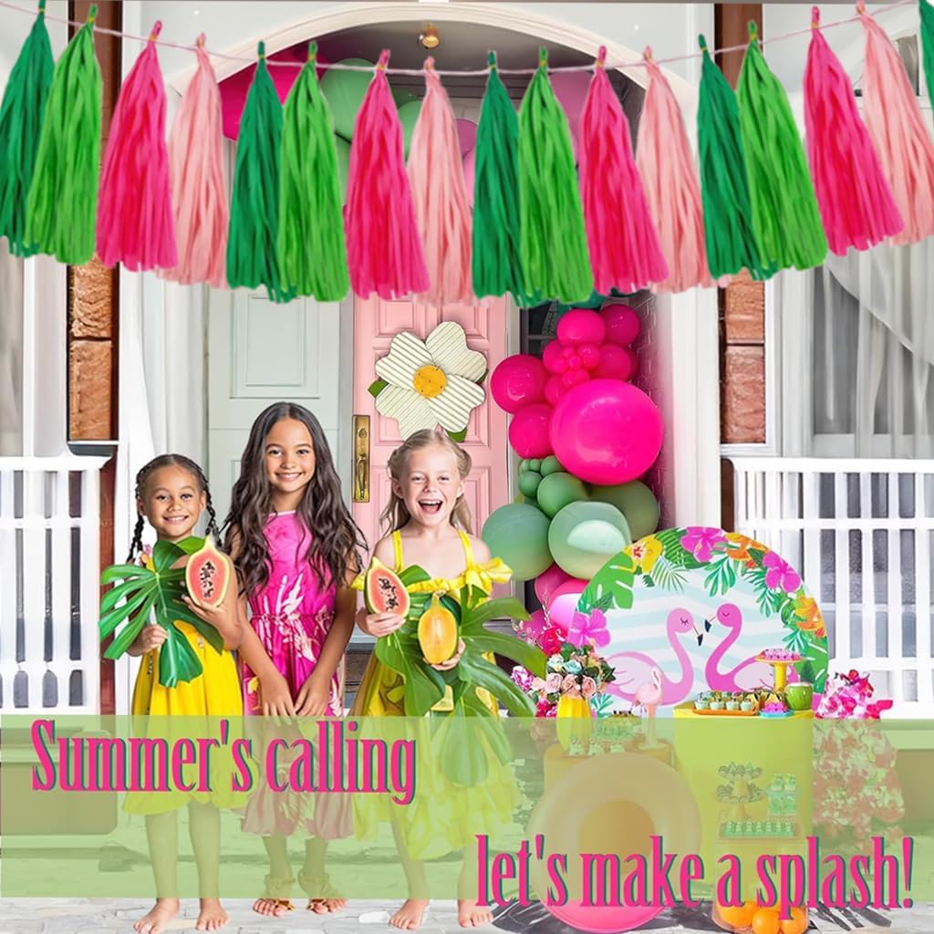 20PCS Pink and Green Tissue Garland,Paper Tassels Garland Banner Perfect for Party Decorations Baby Shower Summer Tropical Theme Table Decor