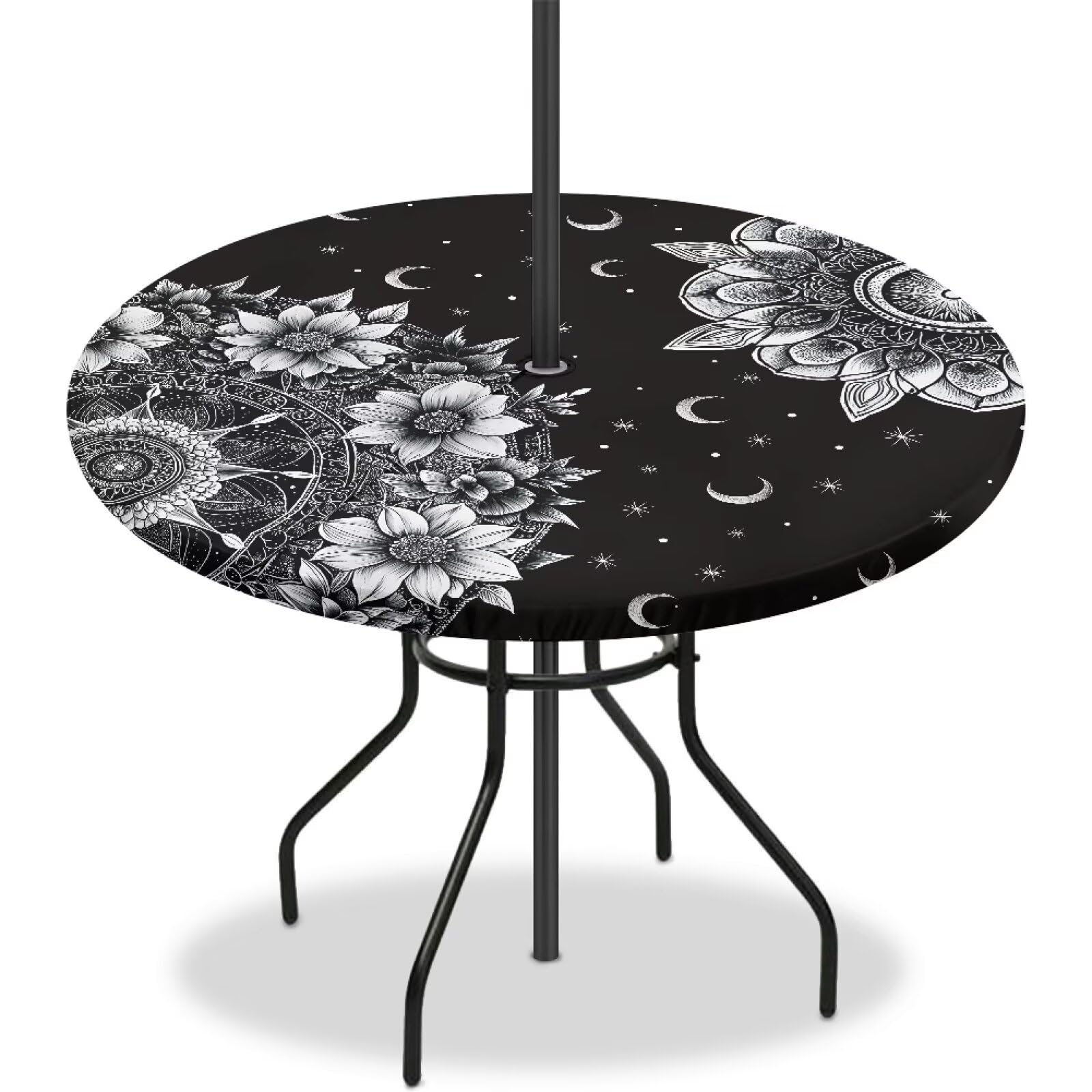 Urndoeng Bohemia Style Outdoor Tablecloth with Umbrella Hole Waterproof Round Vinyl Fitted Tablecloth with Elastic Zippered Mandala Wipeable Table Cloth Round Cover for Picnic Patio,Bar Black White