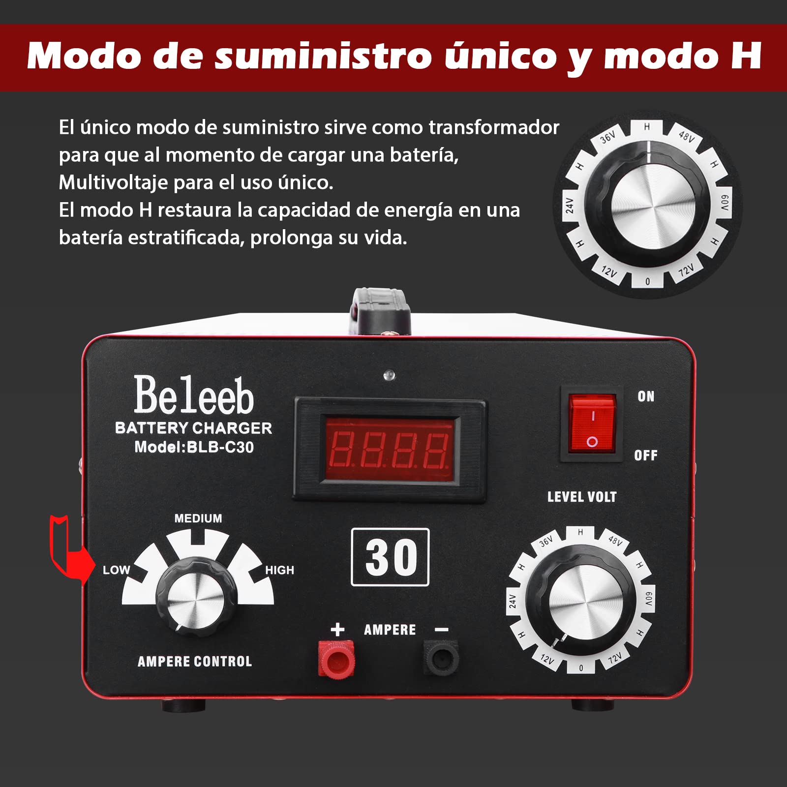 Beleeb Series C30 Cargador de batería 12V 24V 36V 48V 60V 72V, Pulsos de Alto Voltaje Mantenedor de desulfatador de batería para baterías de Iones de Litio de Plomo-ácido
