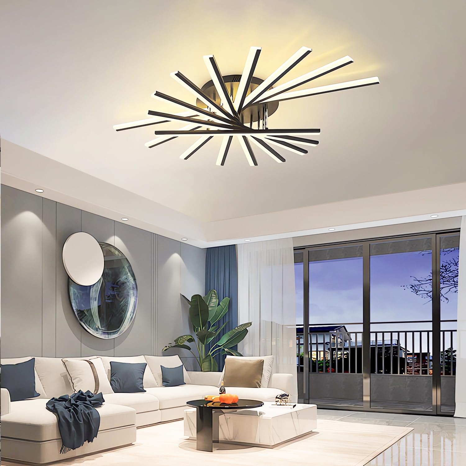 Dimmbare LED Deckenleuchte Moderne Deckenbeleuchtung mit Fernbedienung Deckenlampe Große Wohnzimmer Decke Licht Kreative Rundleuchte für Schlafzimmer Esszimmer Büro Küche (Schwarz, 9 Köpfe)