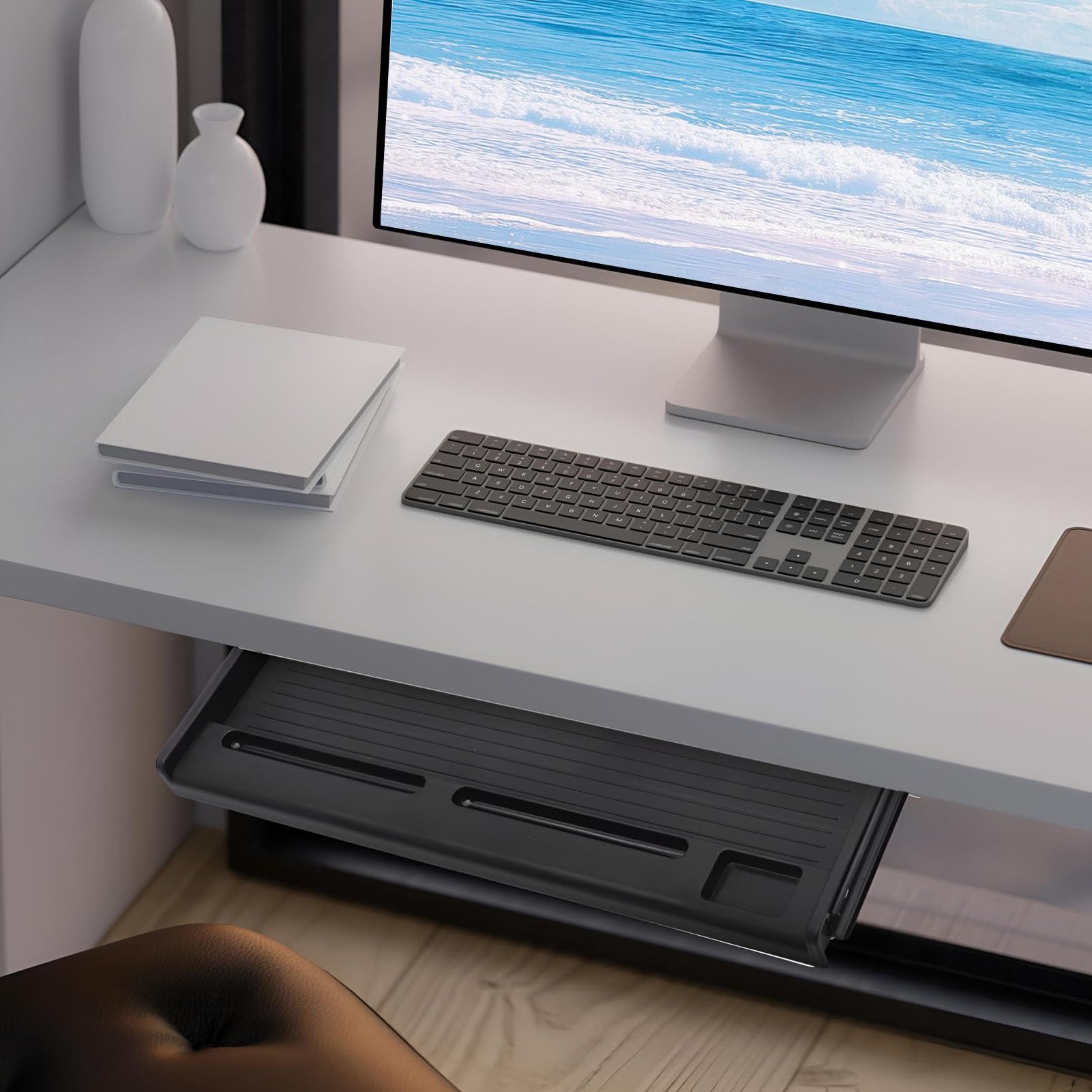 Bandeja para teclado debajo del escritorio de 20.3 x 10.6 pulgadas, estante deslizante para cajón de computadora para el hogar/oficina, fácil instalación de tornillos ocultos, ahorra espacio, diseño