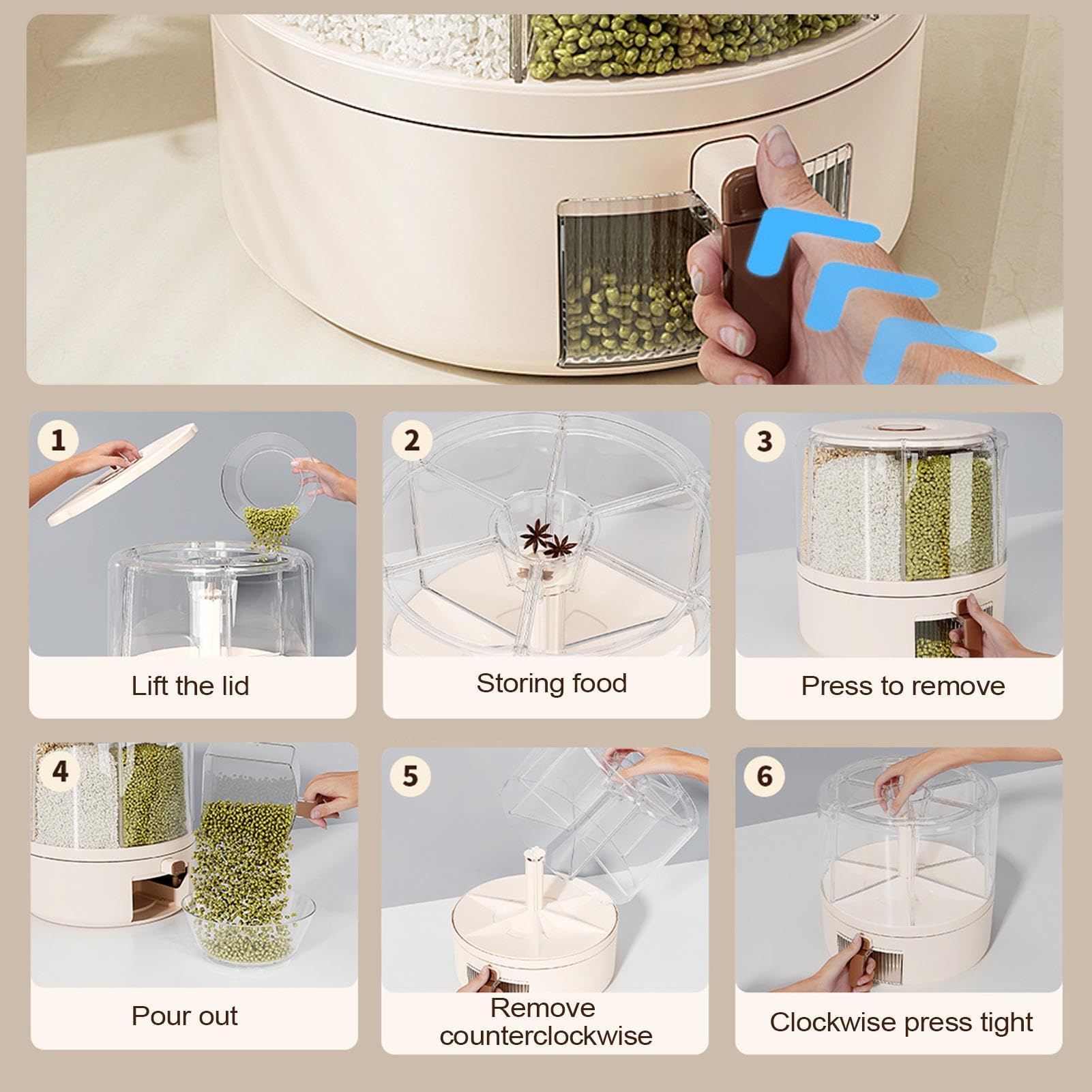 Dispensador de granos de cocina,Dispensador de almacenamiento de granos - Contenedor de alimentos secos desmontable de múltiples rejillas con rotación de 360 grados | Organización hermética para enc