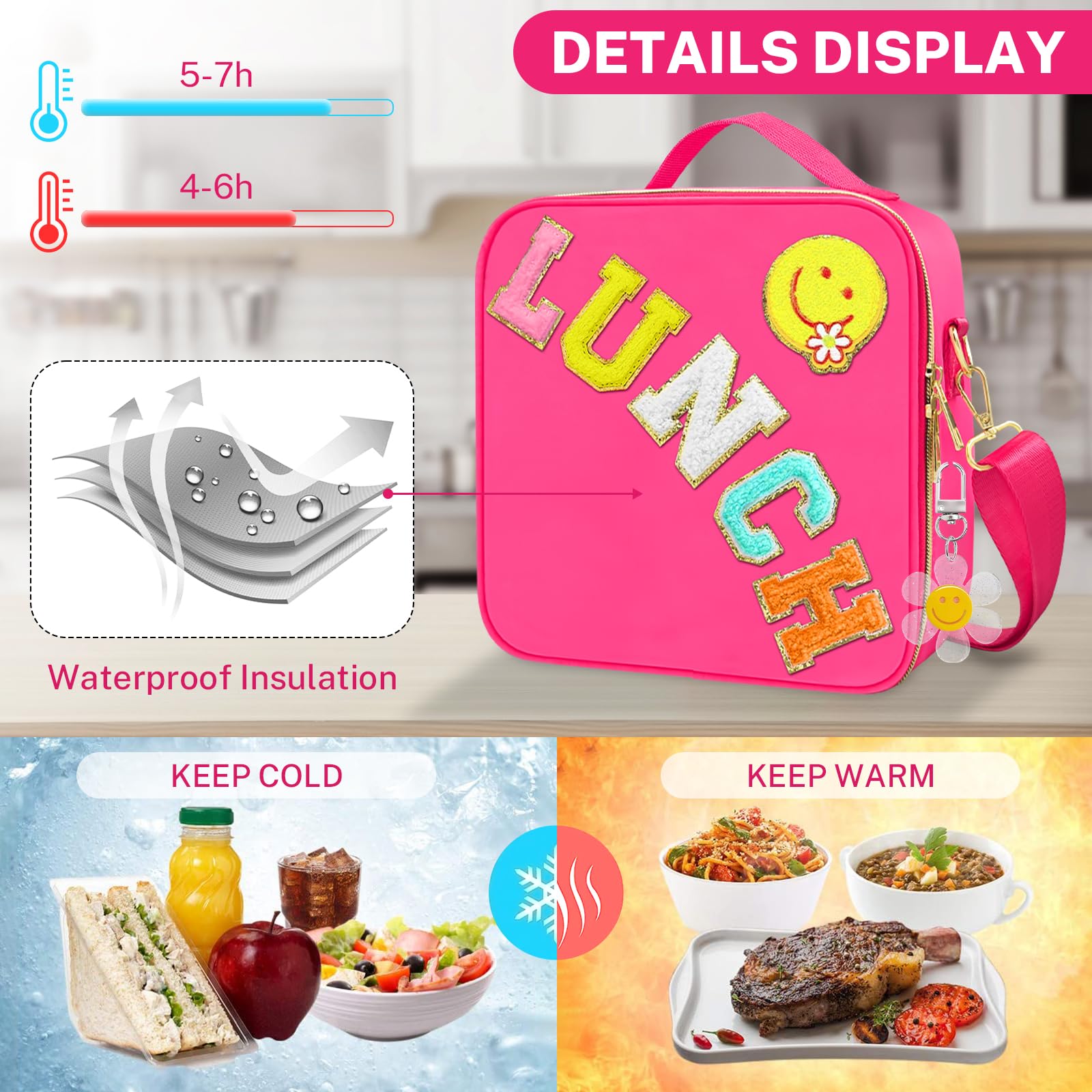 Lunch Box for Girls Women, Preppy Lunch Box for Teen Girls? Insulated Girls Lunch Bag for Kids, Large Reusable Cute Cooler Bag with Adjustable Shoulder Straps,Perfect for School Travel Picnic?Pink?