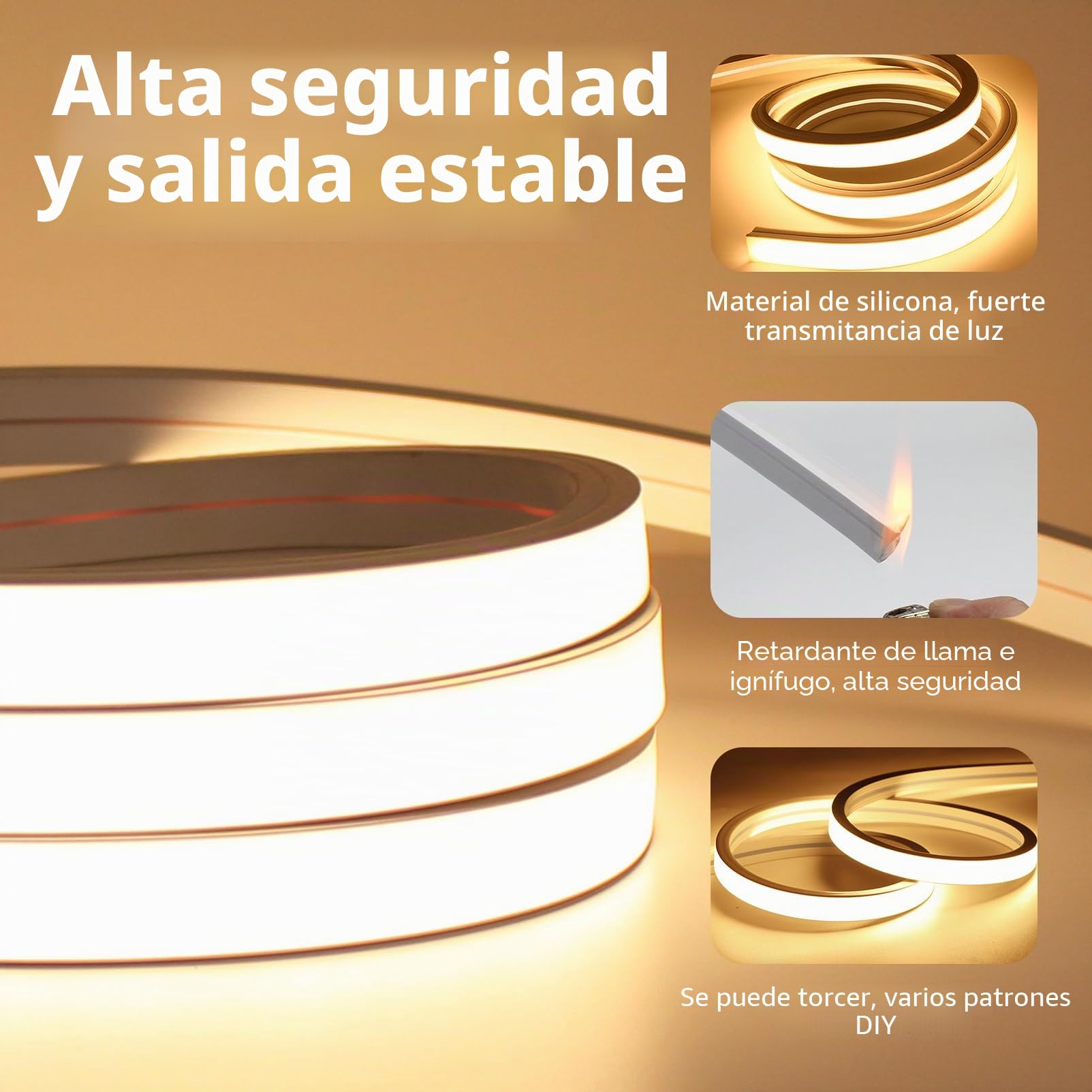 10 Metros Neon Tira de Luces LED Habitacion Sin Transformador Silicona 220V Tiras LED de Interior Exterior Impermeable IP65 Blanco Cálido 3000K Fita Leds Strip Neón Flexible 10m 120 LED/m