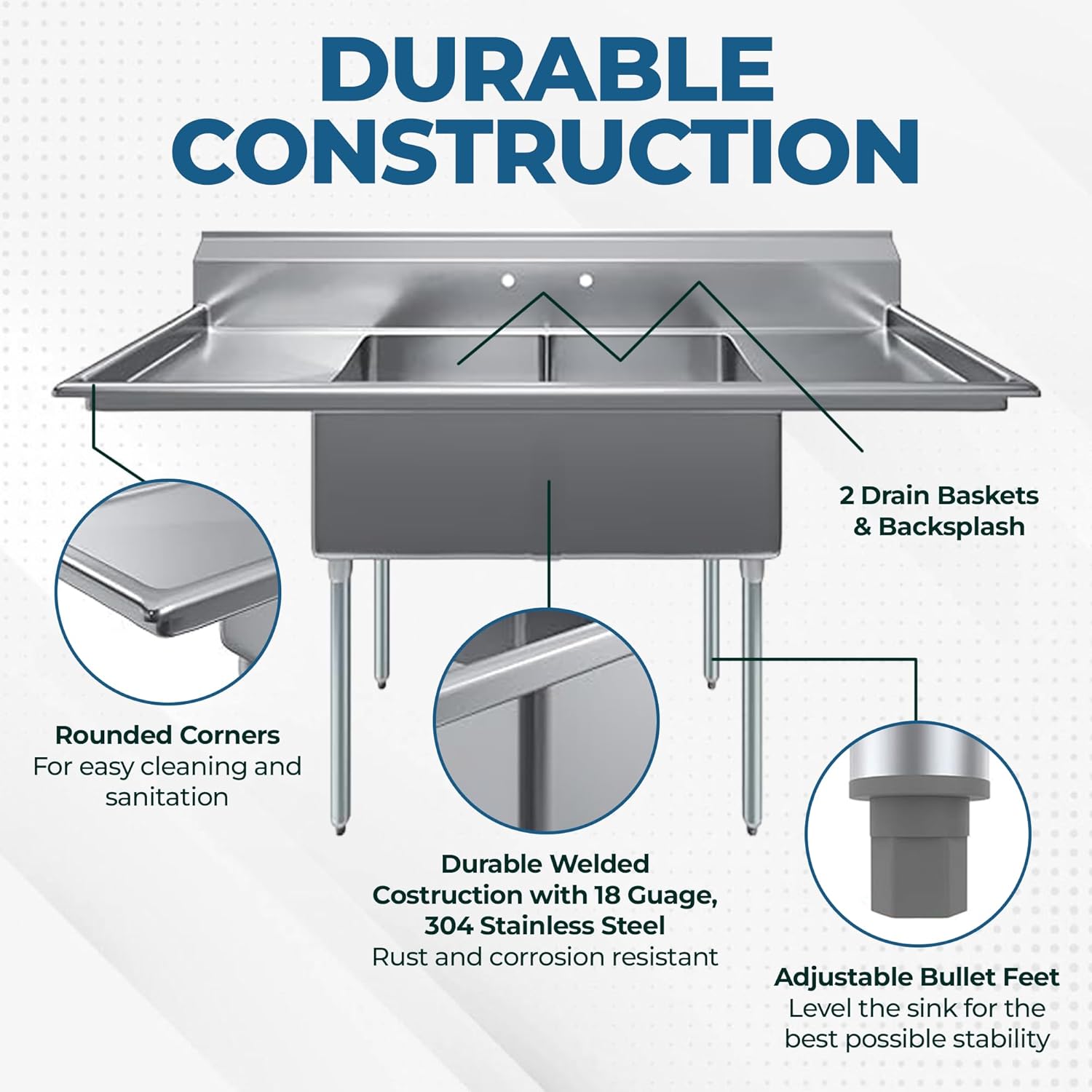 72" Two Compartment Stainless Steel Commercial Kitchen Sink with Left & Right Drainboards | NSF Certified | Prep & Utility Wash Station