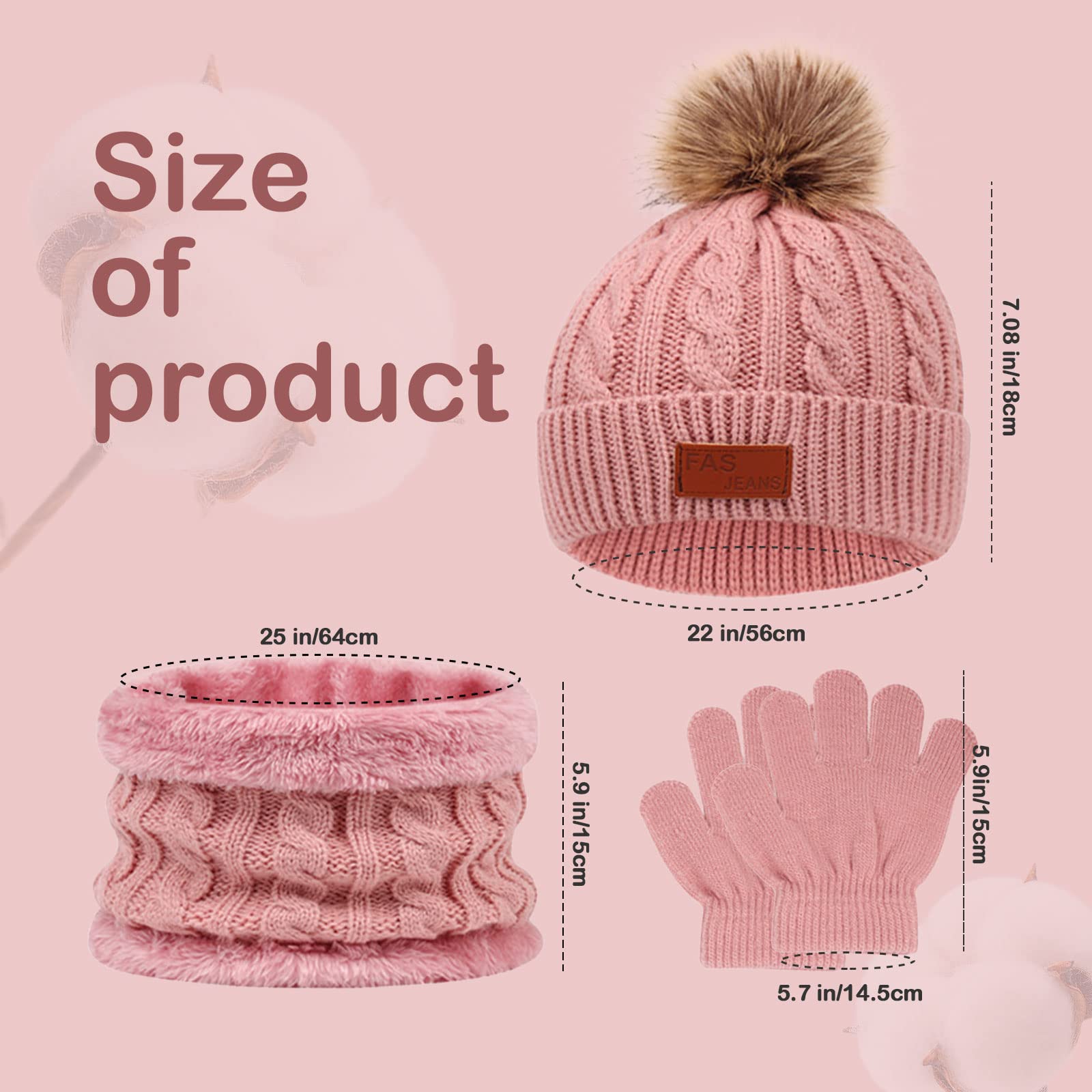 MIVAIUN Rosa 3 Piezas Gorro de Punto Invierno Térmico con Guantes y Bufanda Forro Polar Niños Set Accesorios de Invierno para Niñas Bufanda de Ganchillo Gorro de Punto Niñas 3-5 Años