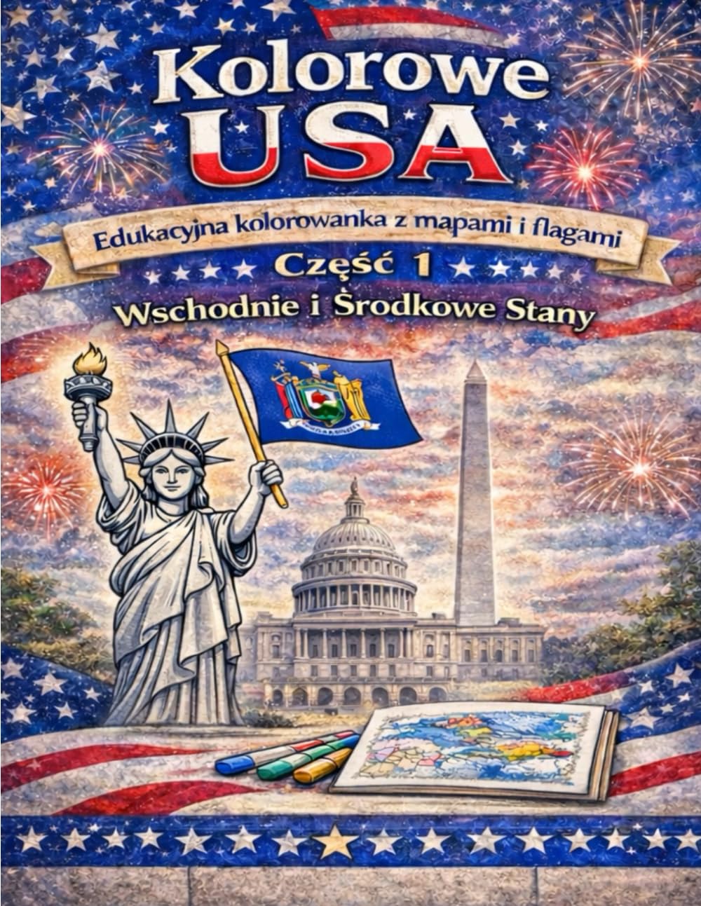 Kolorowe USA: Edukacyjna kolorowanka z mapami i flagami Część 1: Wschodnie i Środkowe Stany