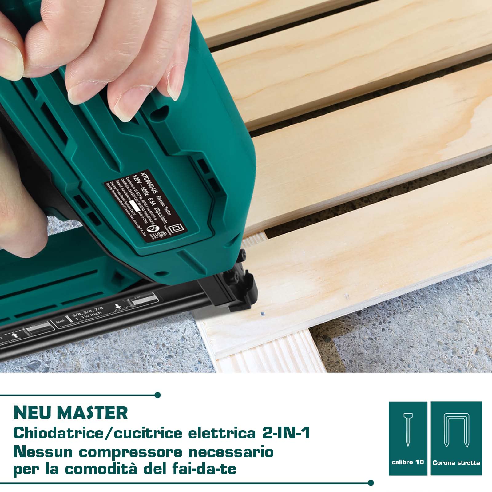 Sparachiodi Elettrica - NEU MASTER Graffettatrice con 200 Graffe e 800 punti Chiodi, Preselezione Elettronica della forza di impatto, Naso di sicurezza,cavo di Alimentazione extra lungo 2 m