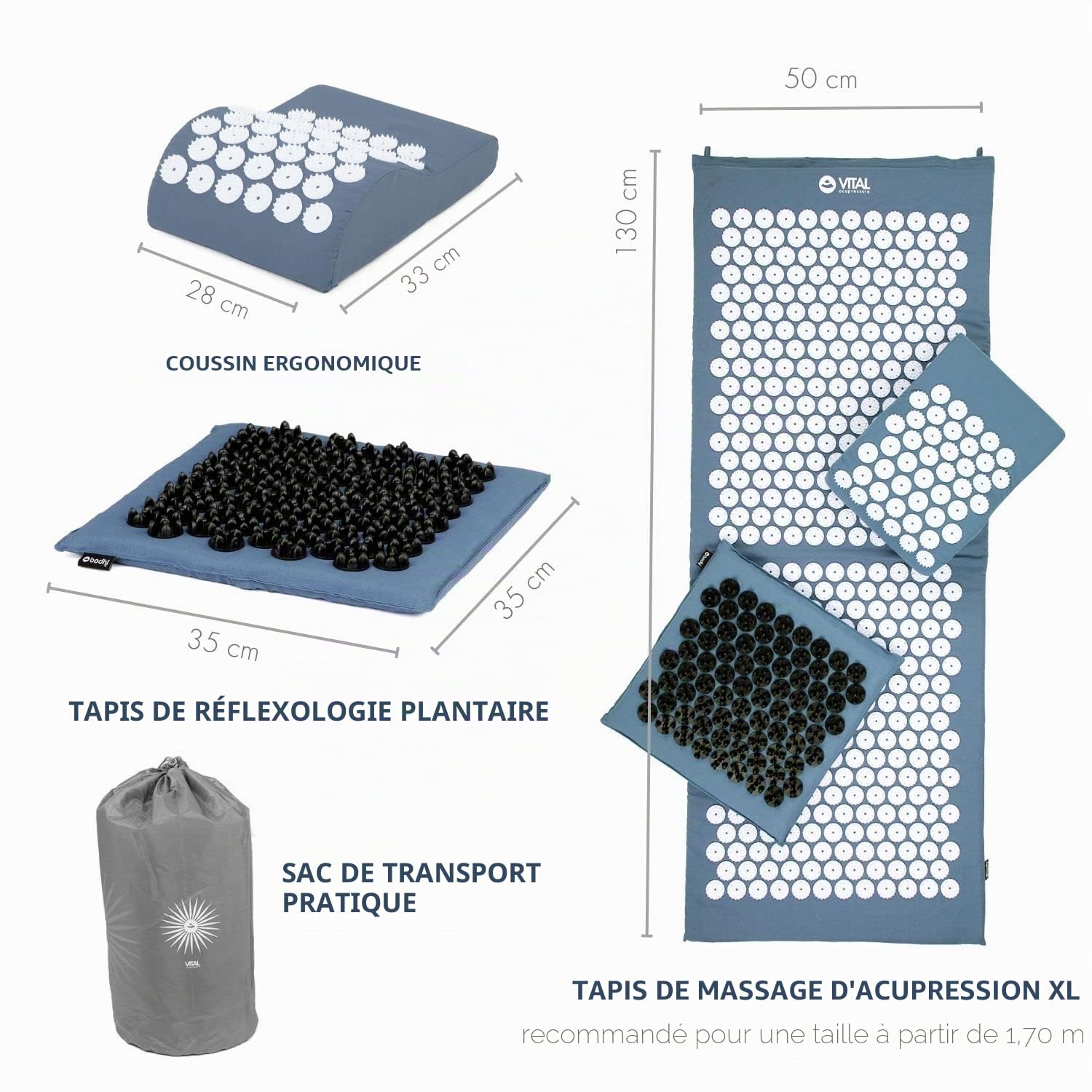 VITAL DELUXE XL SOFT Tapis d'acupression Bleu 130 x 50 cm Coussin & tapis de sol en kit économique vitalisant pour le dos et la nuque