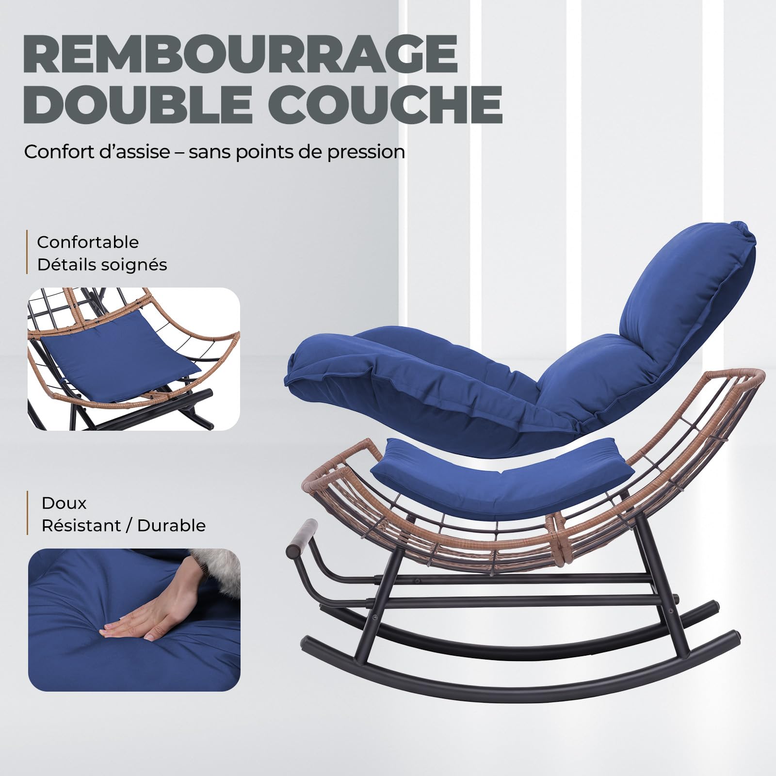 COMHOMA Fauteuil à bascule, fauteuil à bascule, fauteuil de relaxation, structure en acier, repose-pieds extensible, coussin amovible, charge maximale : 136 kg, pour chambre à coucher, salon, terrasse
