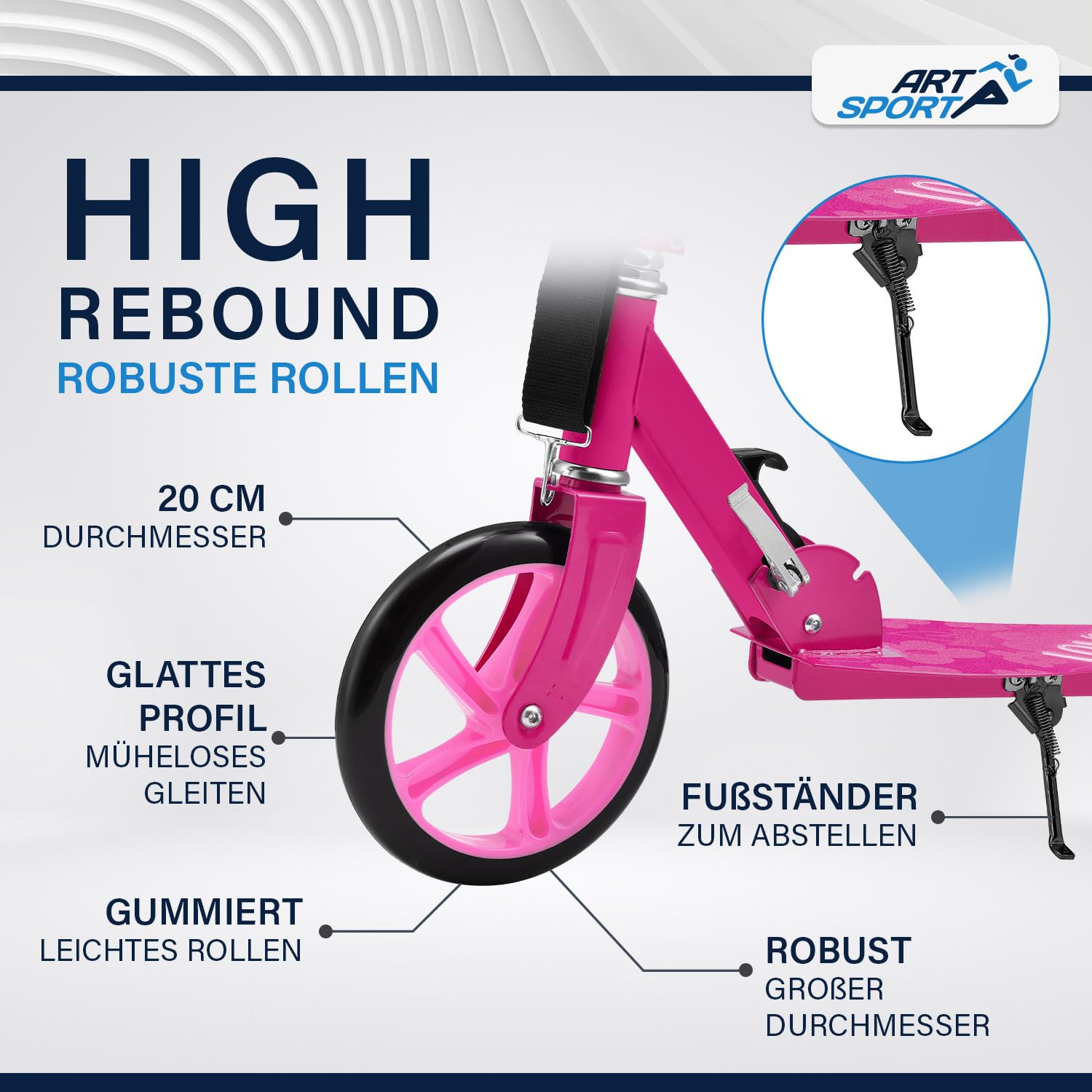 ArtSport® Scooter Cityroller Big Wheel 205mm Räder klappbar & höhenverstellbar - Kinder-Roller ab 3 Jahre - Tretroller bis 100 kg - pink