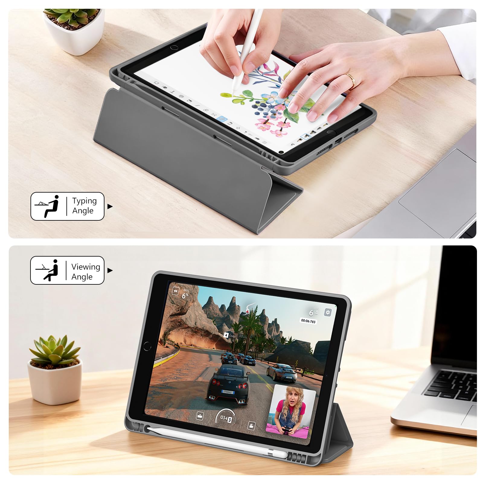 ProCase スマートケース iPad 9/8/7世代対応(2021 2020 2019) 10.2インチ ソフトカバー 軽量 オートスリープ/ウェイクに対応 アップルペンシル収納 耐衝撃 - グレー