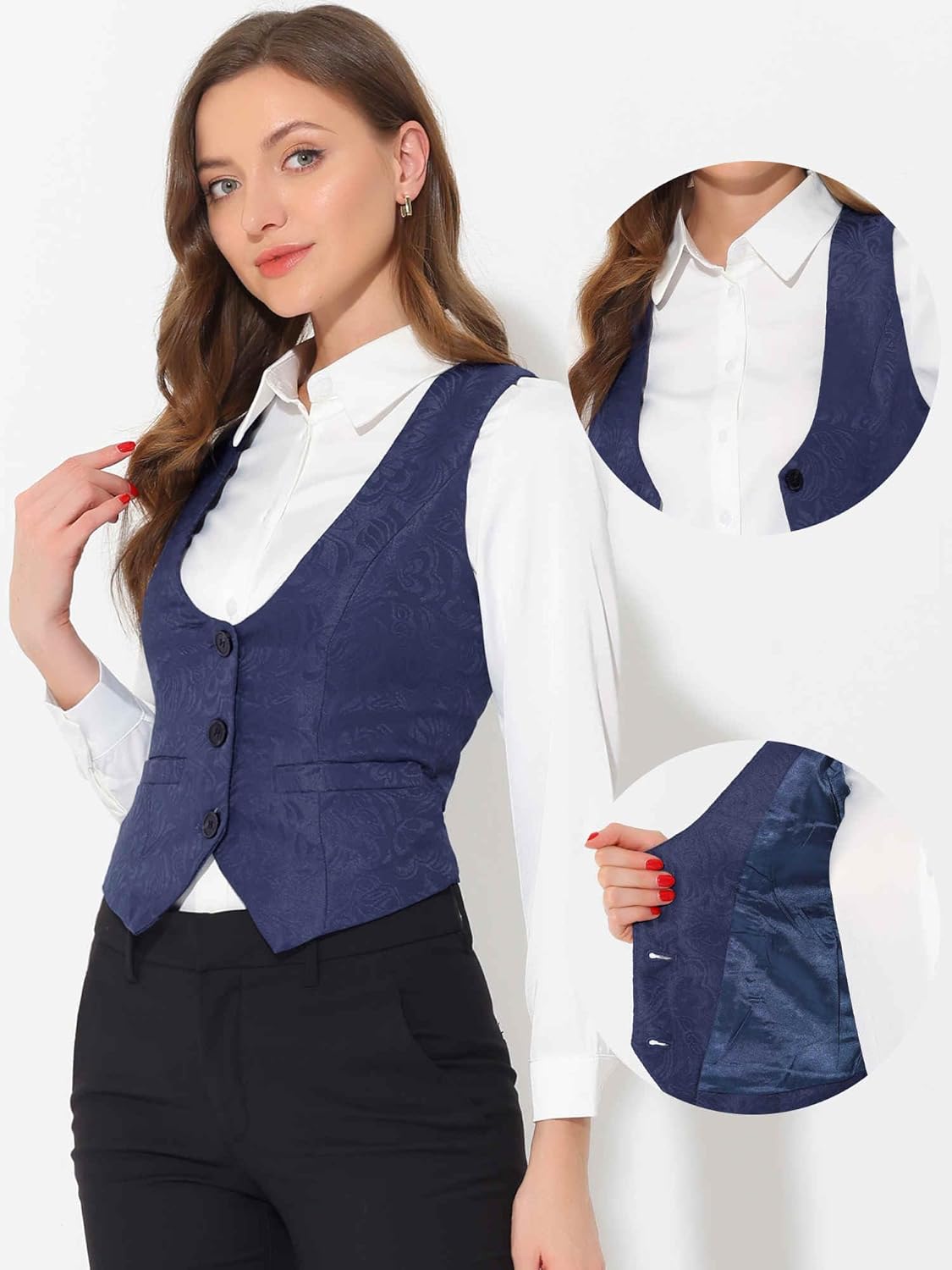 Allegra K Vintage Vest for Women's Button Up Jacquard Steampunk Suit Waistcoat with Pockets - Image 2