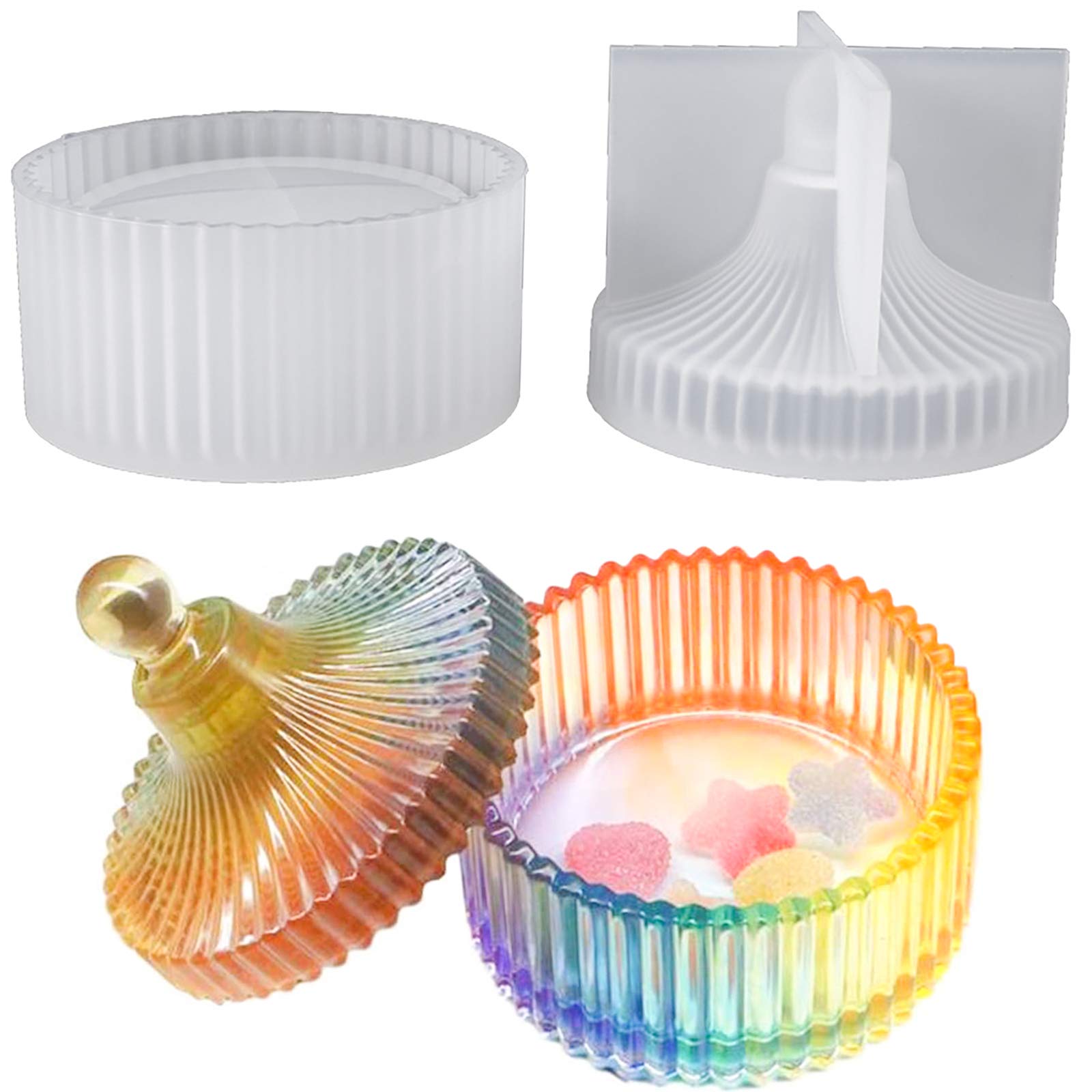 Fluted Round Trinket Box Resin Silicone Tray with Lid for Epoxy Polymer Clay Concrete Cement, DIY Jewelry Storage Case, Candlestick, Ashtray 3.11x1.4inch