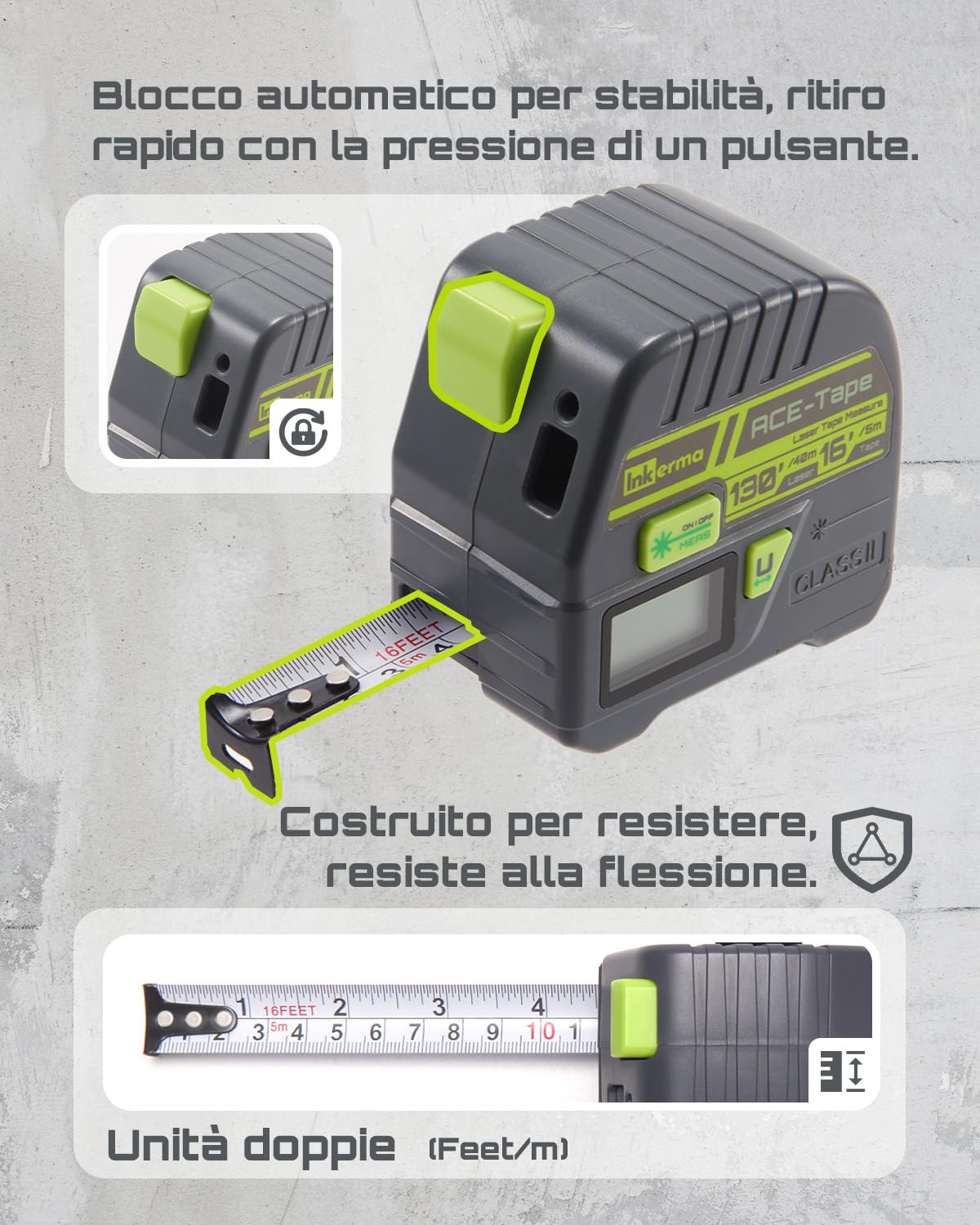 Metro a Nastro Laser 2-in-1, Inkerma Strumento di Misurazione Laser 130Ft/40m & Metro a Nastro 16Ft/5m, Misuratore Laser Digitale con Display LCD, Unità M/In/Ft/Ft+In, Nastro Auto-bloccante