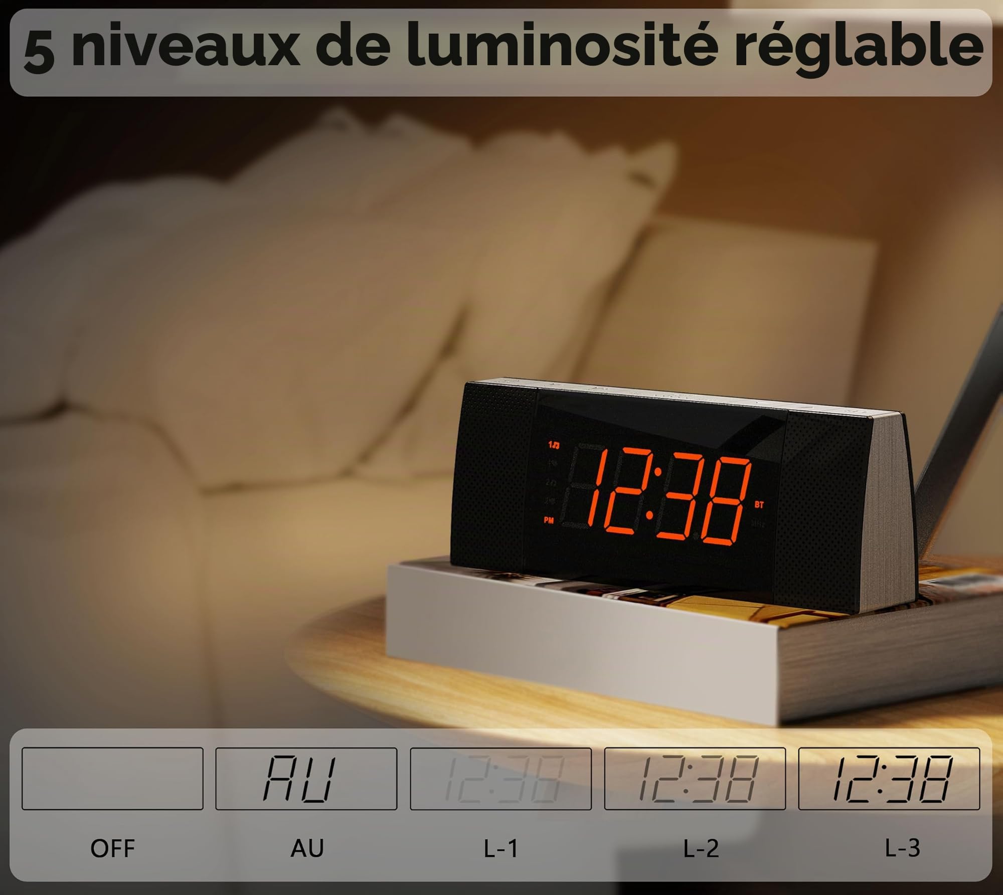iTOMA Radio-réveil avec contrôle Via APP, Bluetooth, Radio FM, Double réveil avec Fonction de répétition (Snooze), Fonction de Charge USB, régulateur de luminosité Automatique et Manuel (CKS503)