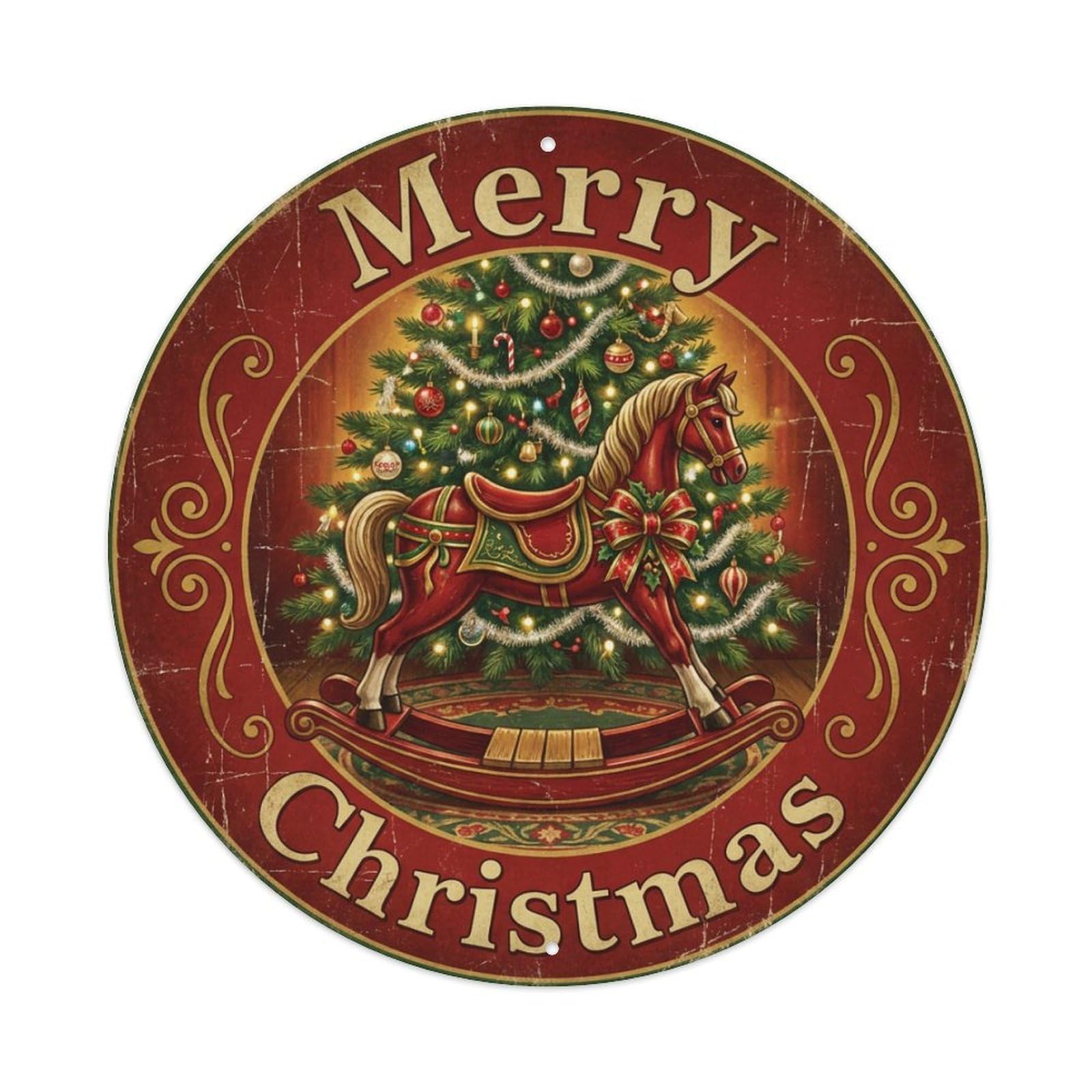 Merry Christmas Vintage Rocking Horse Metal Tin Sign