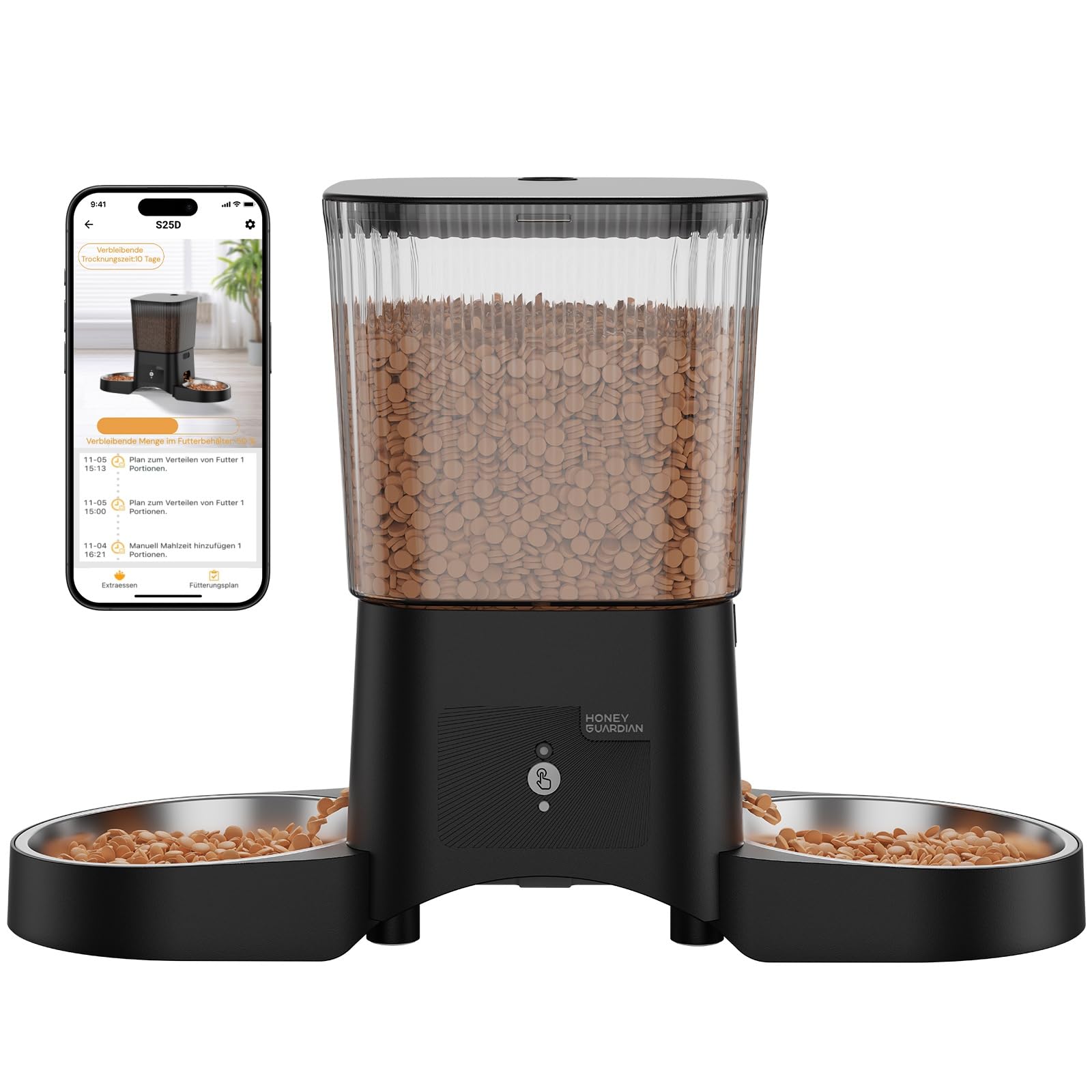 HONEYGUARDIAN Futterautomat Katze 2 Näpfe, 5G/2.4G WiFi Intelligenter Automatischer Futterspender für Katzen & Hunde, APP-Steuerung, 4 Anti-Rutsch-Füße, Stabilität, 1-6 Mahlzeiten/Tag (3.5L)