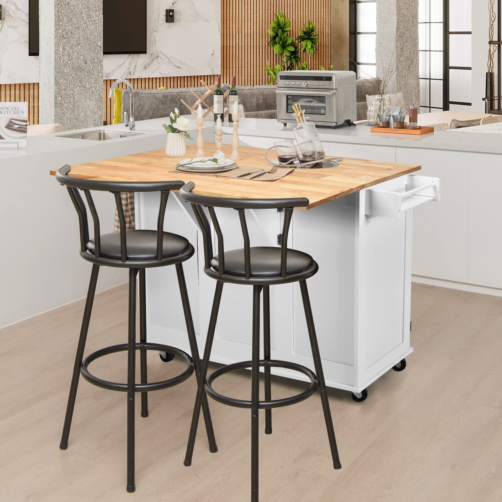 Ilot De Cuisine Roulant LINKHOO - Avec Multiprise, Plan De Travail Extensible, Rangements, 151.5x59.7x91.7 Cm
