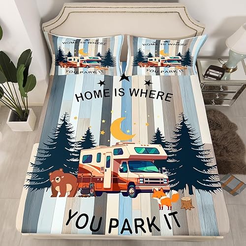 Vista 28 de Erosebridal Juego de sábanas de Happy Camping King, accesorios para cámper para niños, adolescentes y adultos, sábana bajera ajustable de dibujo