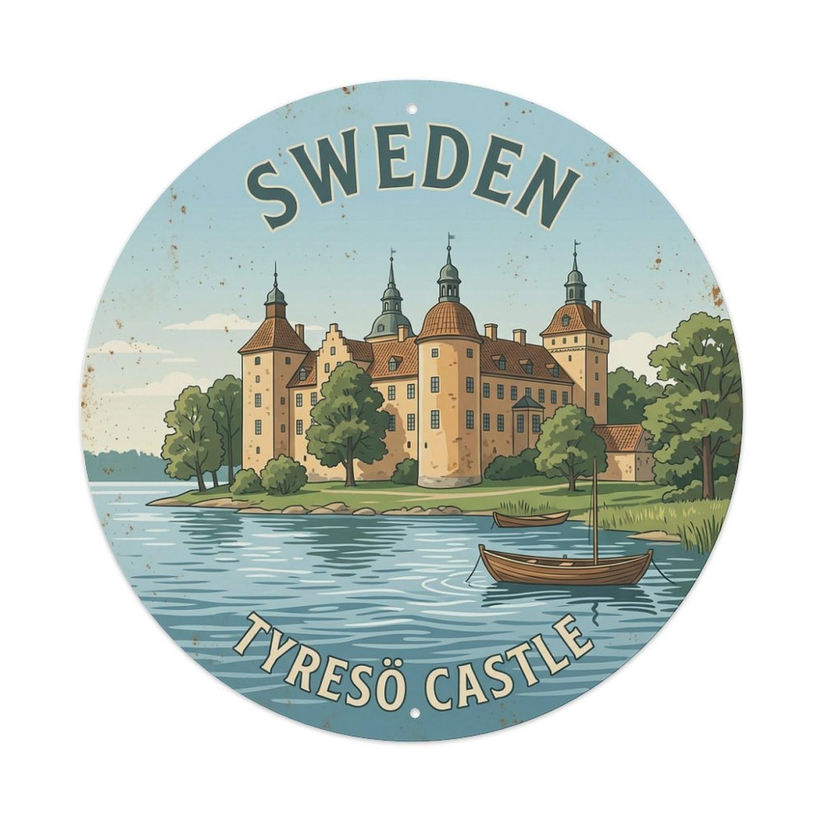 Vintage Travel Tyreso Sweden Castle Metal Tin Sign