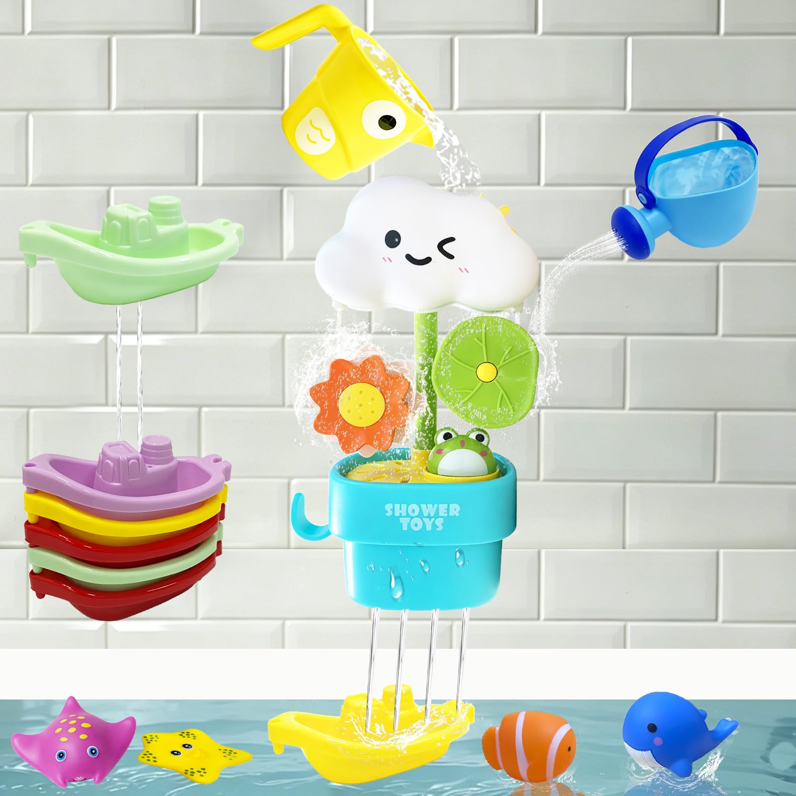 Baby Bath Toys for 1 2 3 Year Olds, Mould Free Toddler Bath Toys, Water Toys Bathtub Swimming Pool Toys, No Mould Kids Bath Toys,Watering Can Bath Boats for 1 2 3 4 Year Olds Boys Girls Gifts