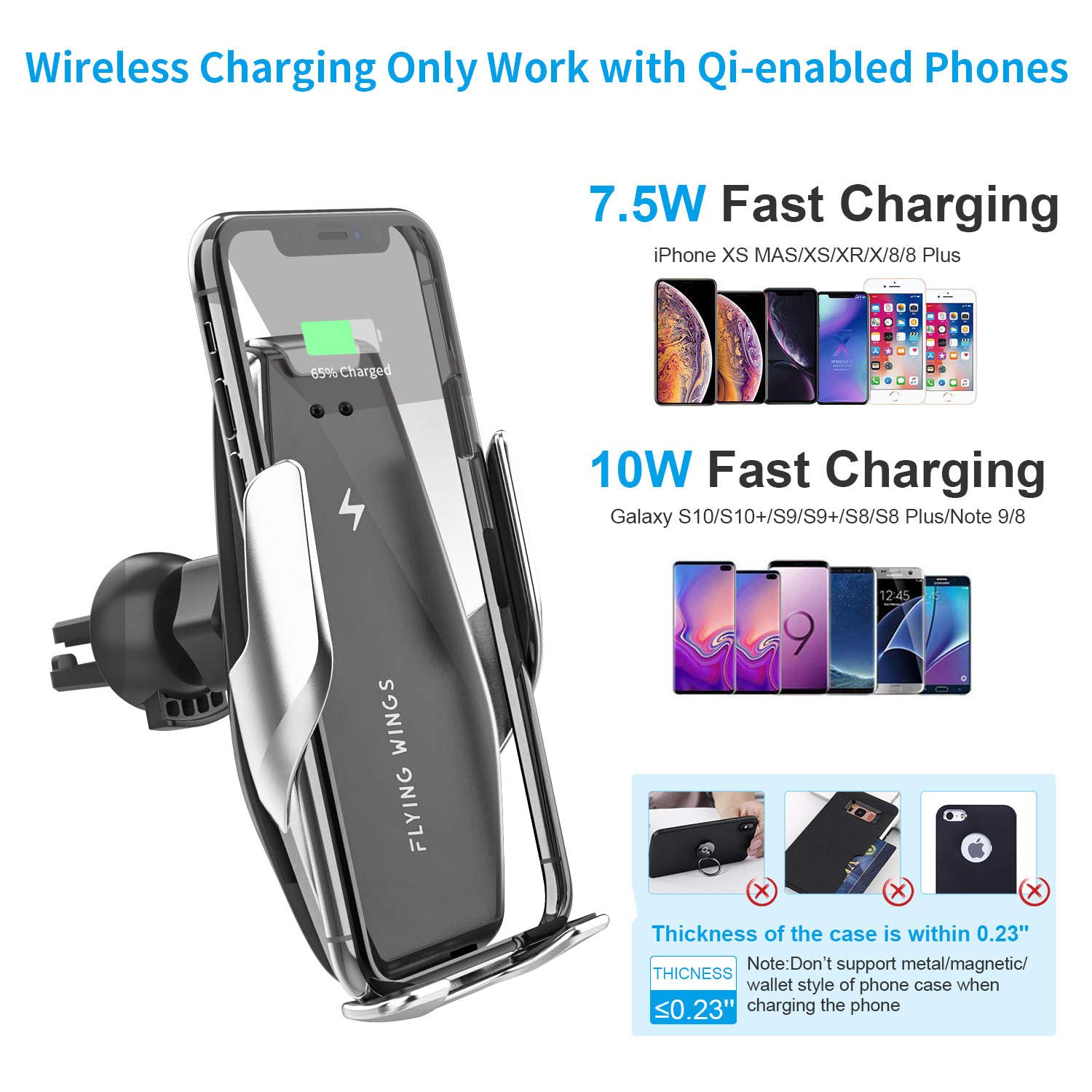 Supporto Caricabatteria Wireless per Auto con Bloccaggio Automatico, 2 in 1 Qi 15W/10W/7.5W Presa d'Aria/Cruscotto Supporto Telefono compatibile con iPhone 8P/X Samsung Galaxy S9+ (argento)