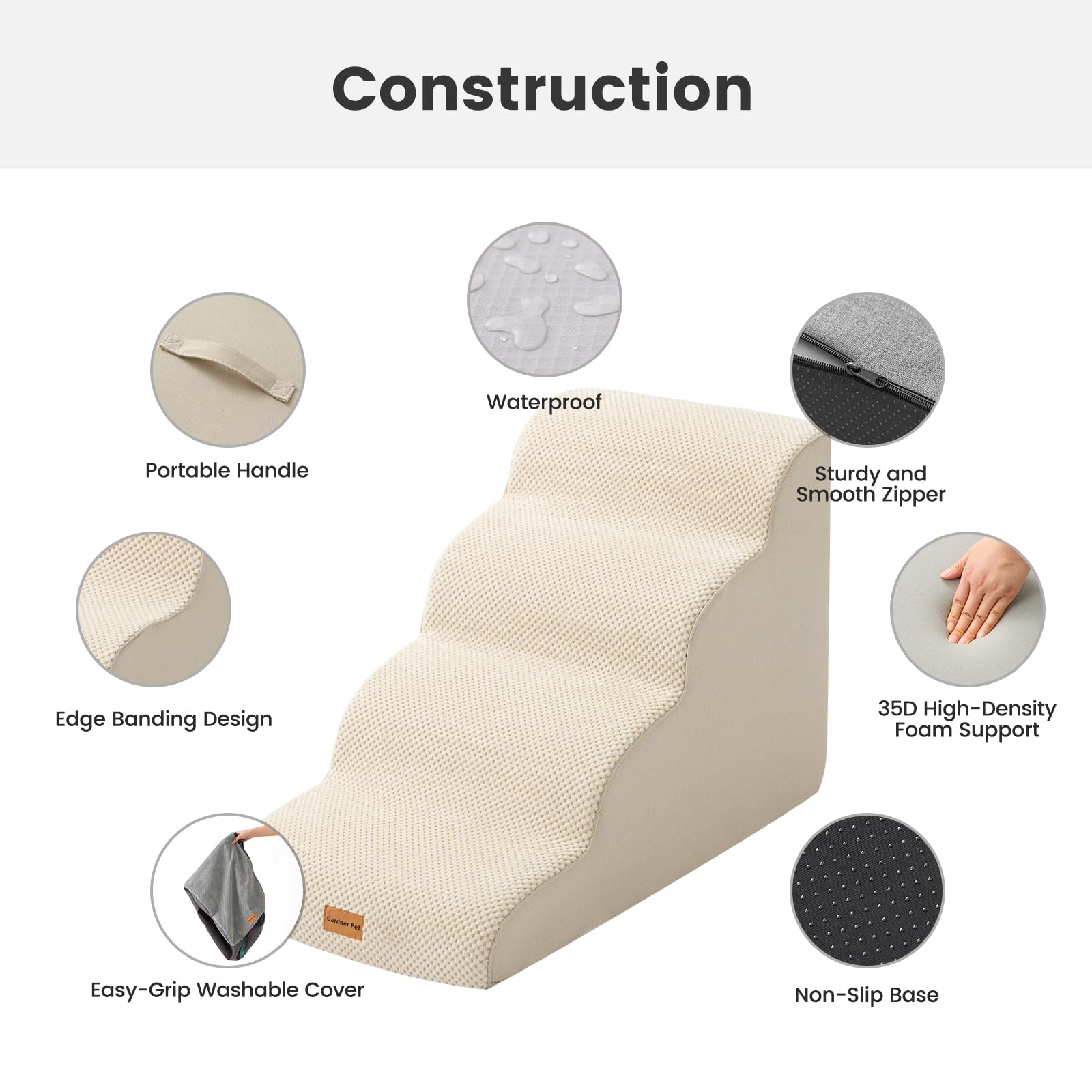 Gardner Pet Scala per Cani Piccoli 50cm, 4 Gradini, Rampina in Schiuma con Rivestimento Antiscivolo e Impermeabile per Letto, Divano e Auto, Beige