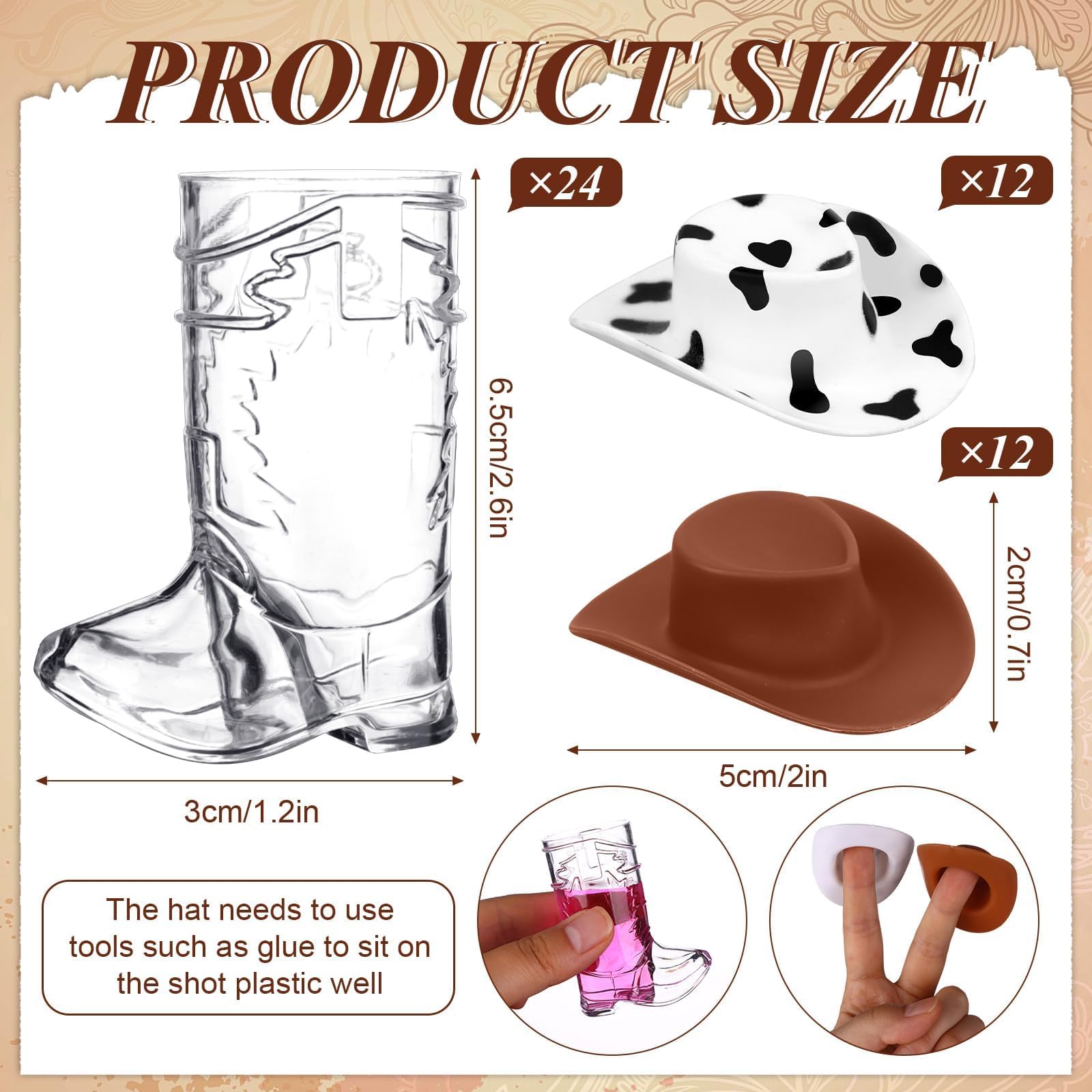 Lot de 24 mini verres à shot réutilisables en plastique avec 24 jolis chapeaux occidentaux de 28,3 g pour enterrement de vie de jeune fille, anniversaire, décoration de mariage