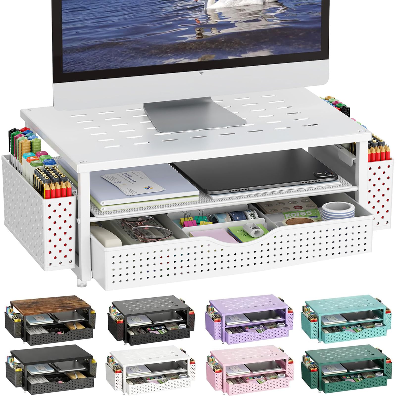 gianotter Soporte elevador para monitor, organizador de escritorio con cajón y soporte para bolígrafos, soporte de computadora de 2 niveles, accesorios de escritorio y organizadores de espacio de
