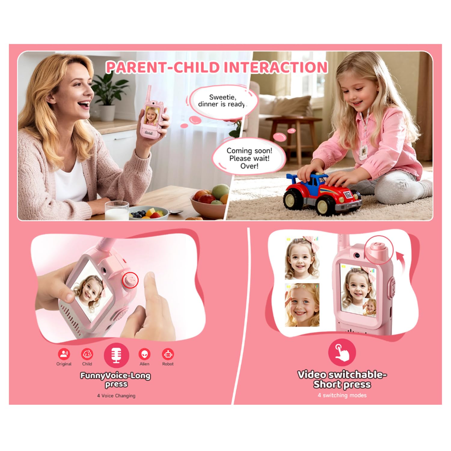 Set di walkie-talkie video per bambini da 2 pezzi Intercomunicazione visiva genitore-figlio Giocattolo interattivo educativo con fotocamera HD e funzione modificazione della voce Ideale giochi in casa