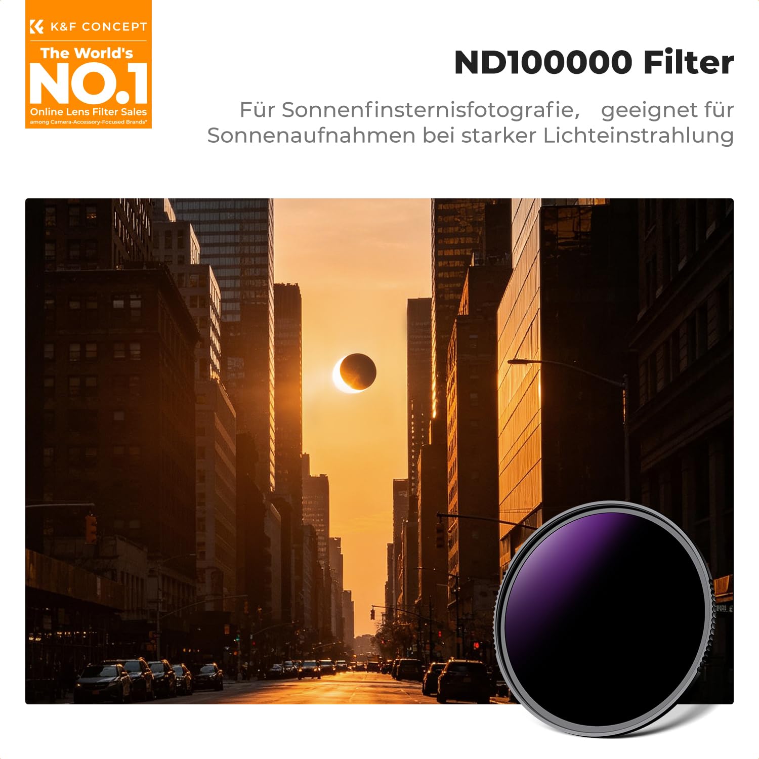 K&F Concept 77mm ND100000 Sonnenfinsternisfilter Fester ND Filter Graufilter für Himmelsereignisfotografie (20 Blendenstufen) Nano-Xcel