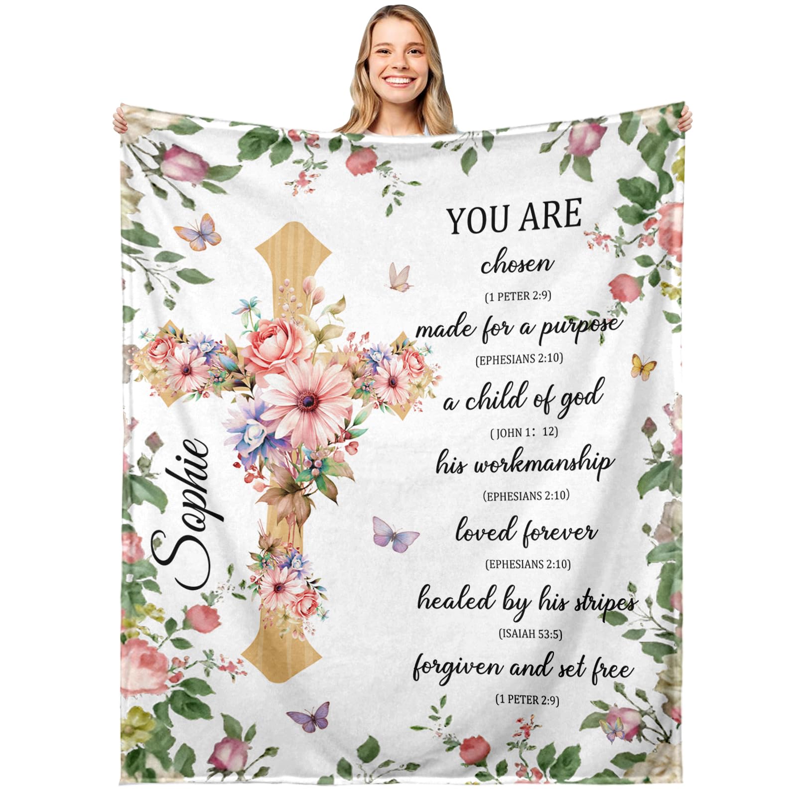 Custom Religious Blanket for Women - Personalized Christian Bible Verses Blankets First Communion Name Blanket Baptism Gifts (Flowers and Crosses)