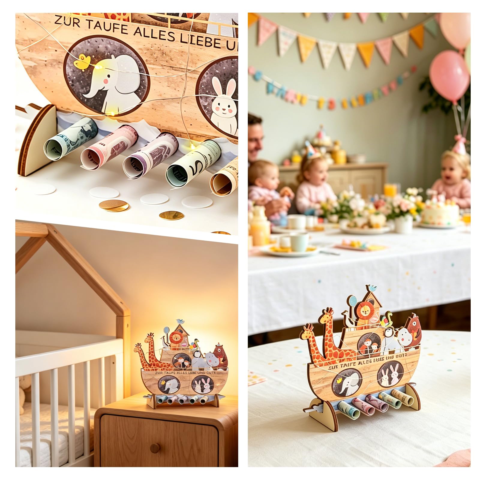 Barco de Madera con Luces, Regalo de Bautismo del Arca de Noé de Madera, con Base, Cinta Roja, para Niñas y Niños comunión o Como pieza Decorativa