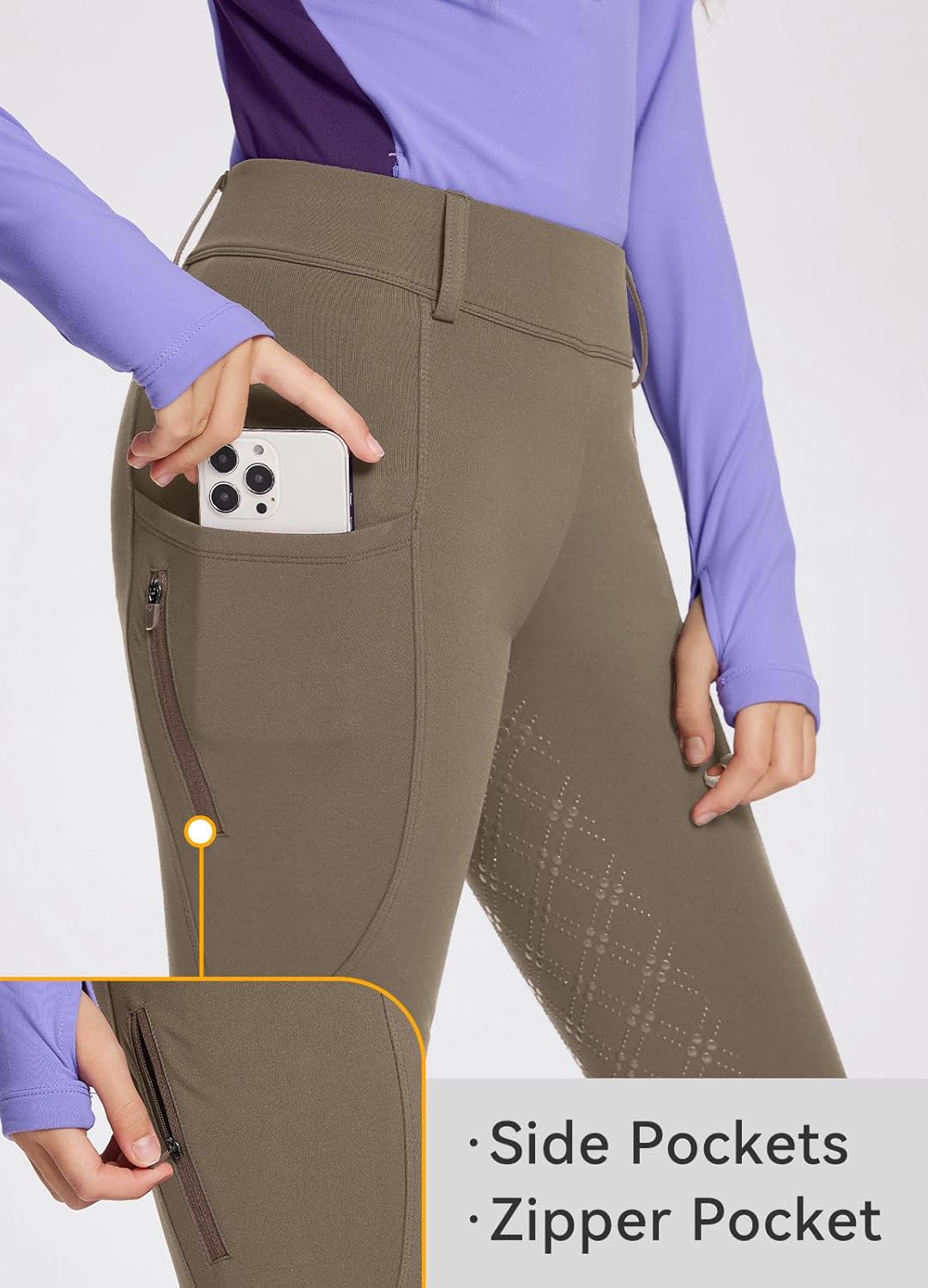 baleaf Girls Riding Pants, Fleece Winter Breeches Full Seat Silicone Kids Horseback Equestrian Zipper Pocket Tight - Image 4