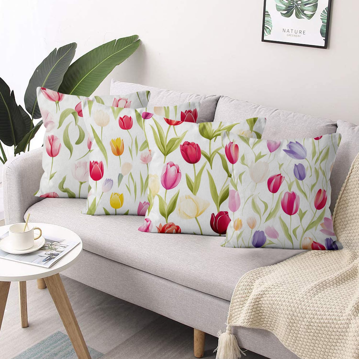 Set Di 4 Federe Per Cuscino Rosa 40x40 Cm: Grigio Motivo Floreale, Simil Lino Per Divano E Esterni