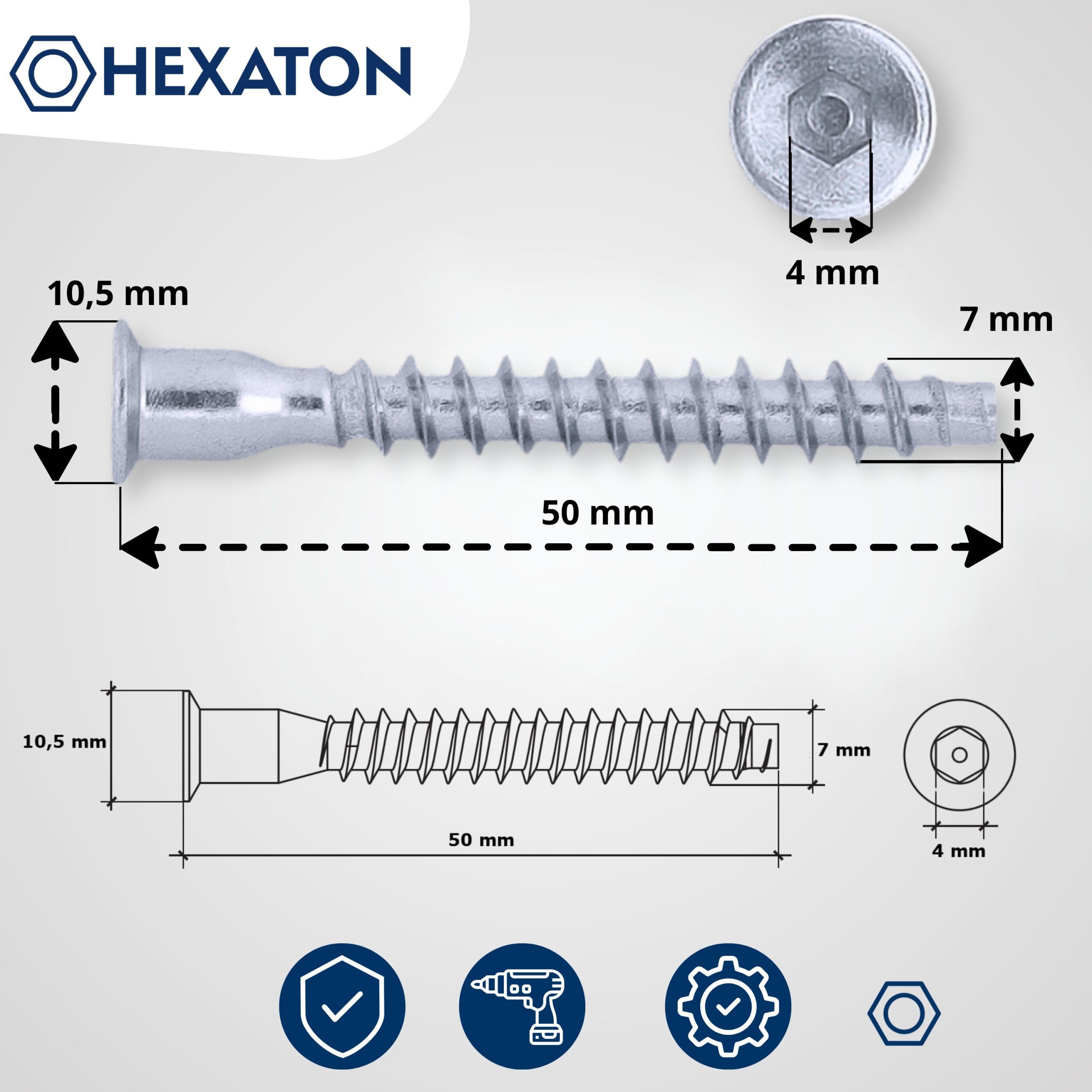 HEXATON Confirmat Screws 7 x 50 mm, 50 Pieces, Countersunk Head with Hex Socket, Fully Threaded, Zinc-Plated Steel - Image 2