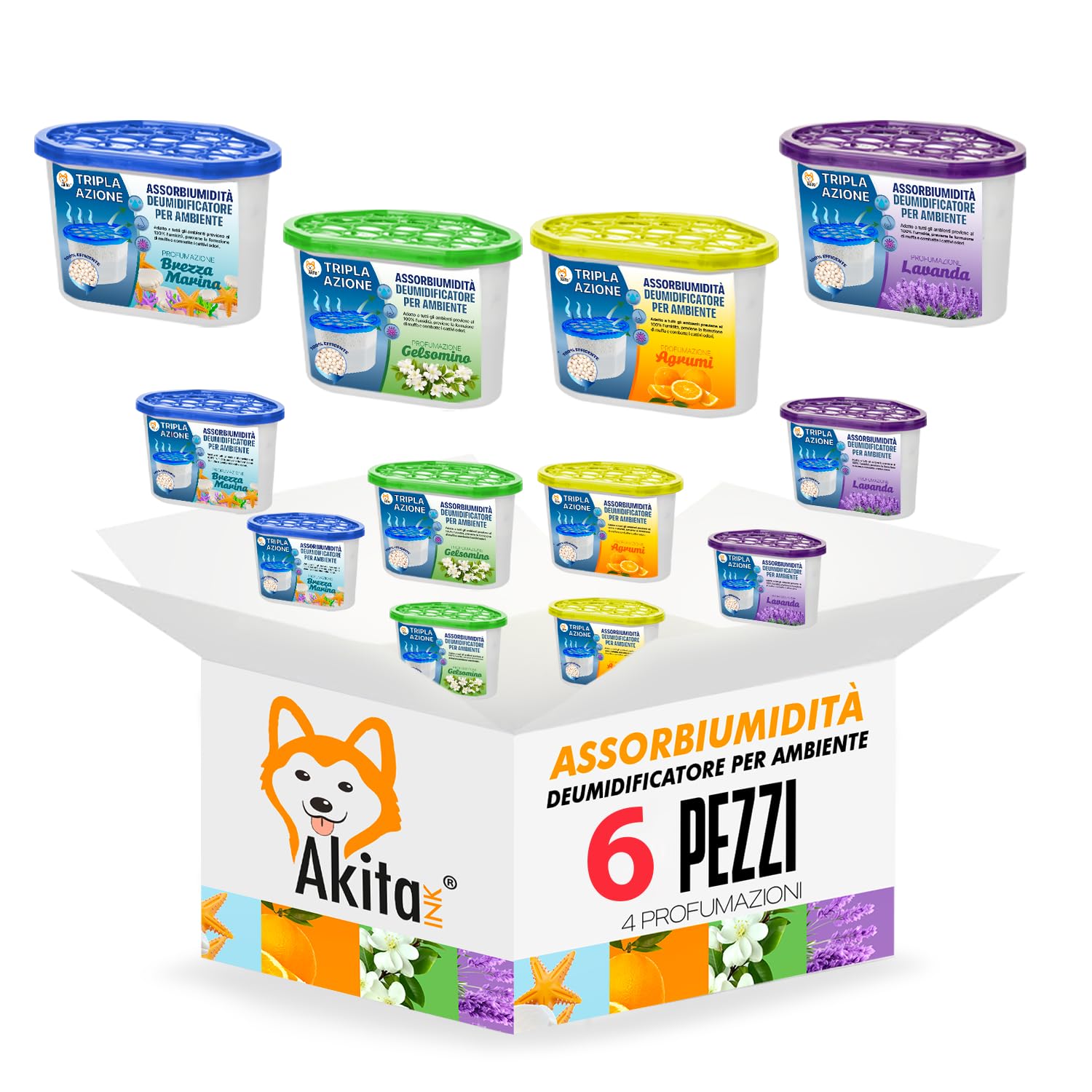 Deumidificatore AkitaInk Profumato Set 6 Pezzi – 500 Ml Con Cristalli Al Cloruro Di Calcio, Fragranze Vaniglia, Lavanda, Agrumi, Gelsomino, Brezza Marina