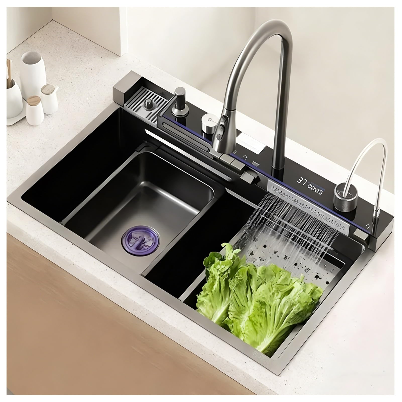 HYSOPSPX Waterfall Kitchen Utility Sink, Modern Multifunctional Workstation Sinks, with Pull-Out Faucet Nano-Coated Topmount Single, for Kitchens, Outdoor Spaces and RV.(Black-Grey-B,80X45X21CM)