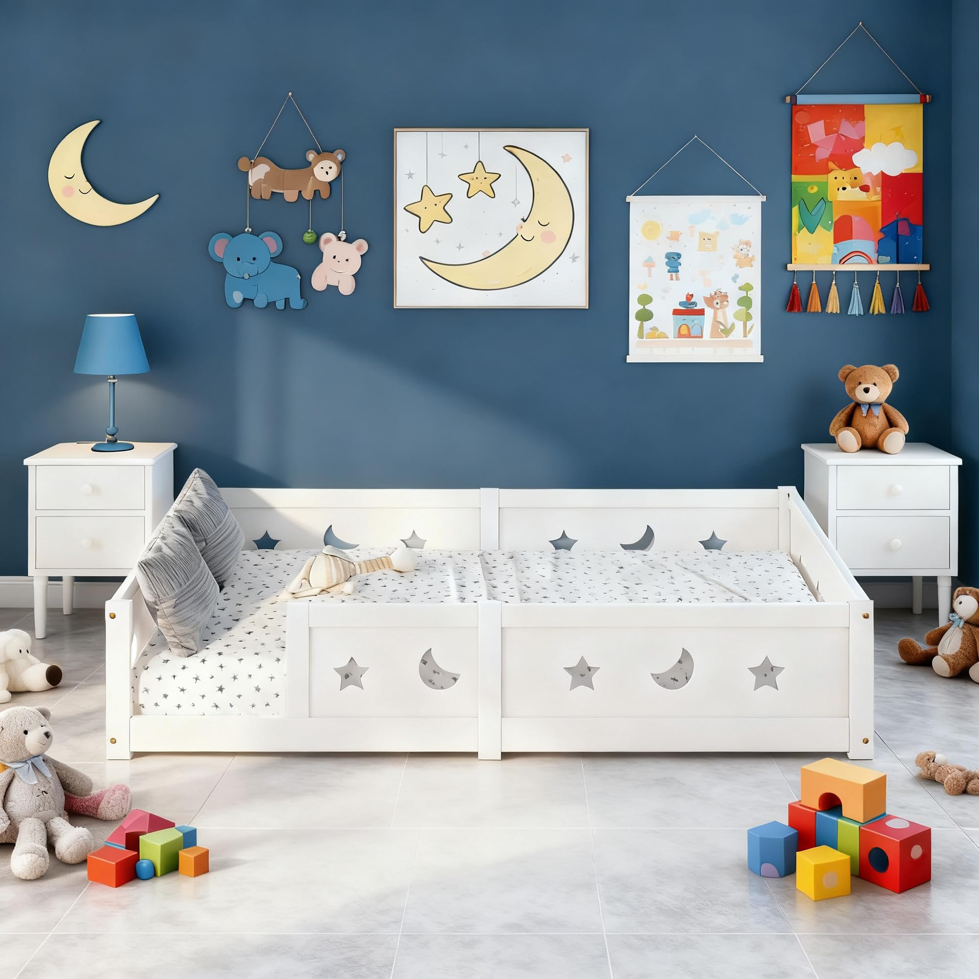 Cama en el suelo para bebé, 90 x 200 cm, cama en el suelo de inspiración Montessori, camas infantiles de madera con barrera de seguridad y somier de láminas, camas individuales para niños y