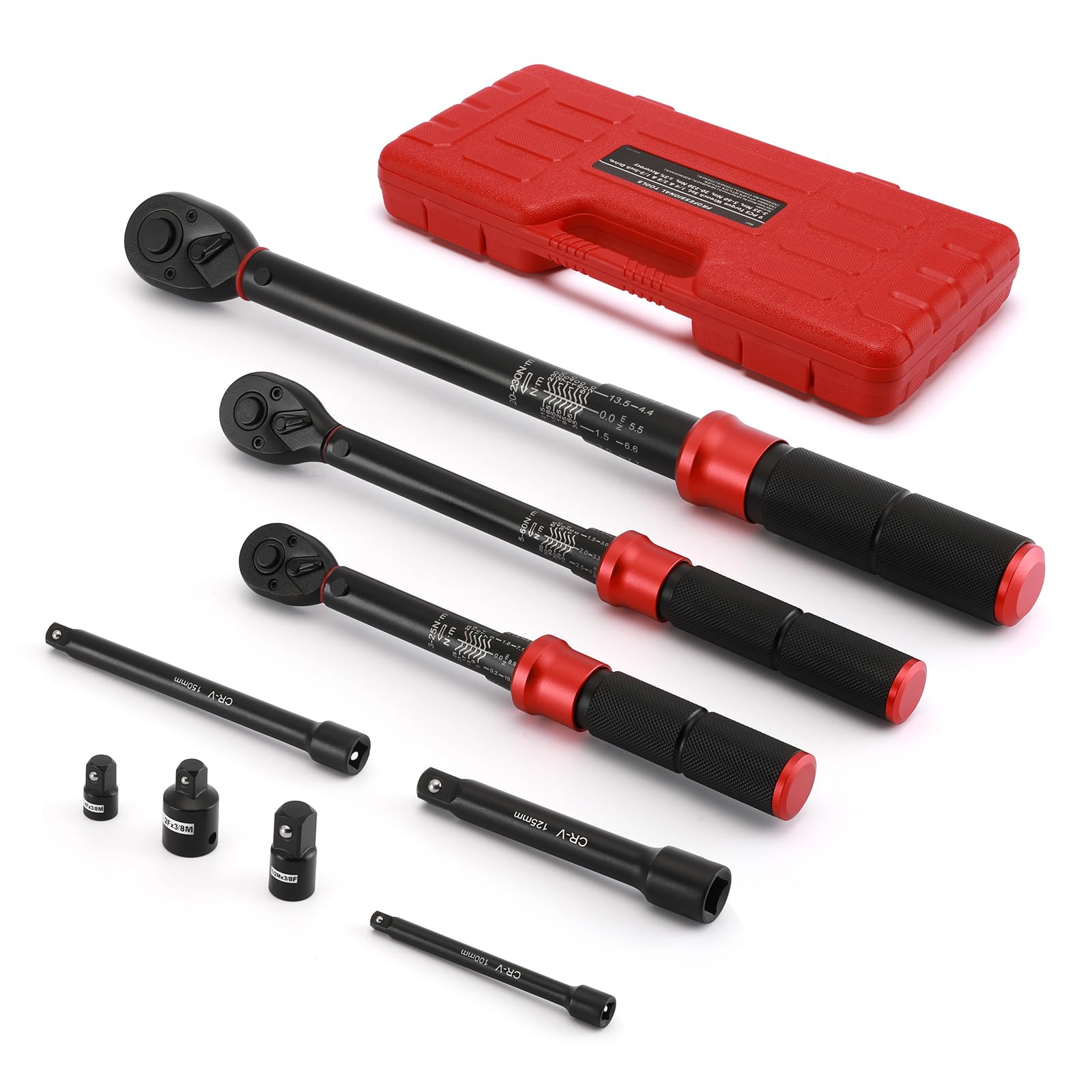 MIXPOWER 9 PCS Torque Wrench Set, 1/4" Dr. 3-25 Nm, 3/8" Dr. 5-60 Nm, 1/2" Dr. 20-230 Nm, with Adapter and Extension Bar, CR-V