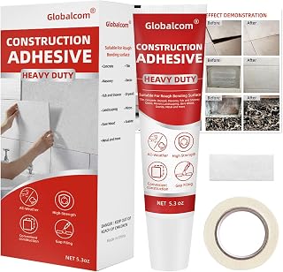 Globalcom Heavy Duty Waterproof Construction Adhesive for Tile, Stone, Marble, Granite, Wood Floors - Gap-Filling, 5.3 oz White