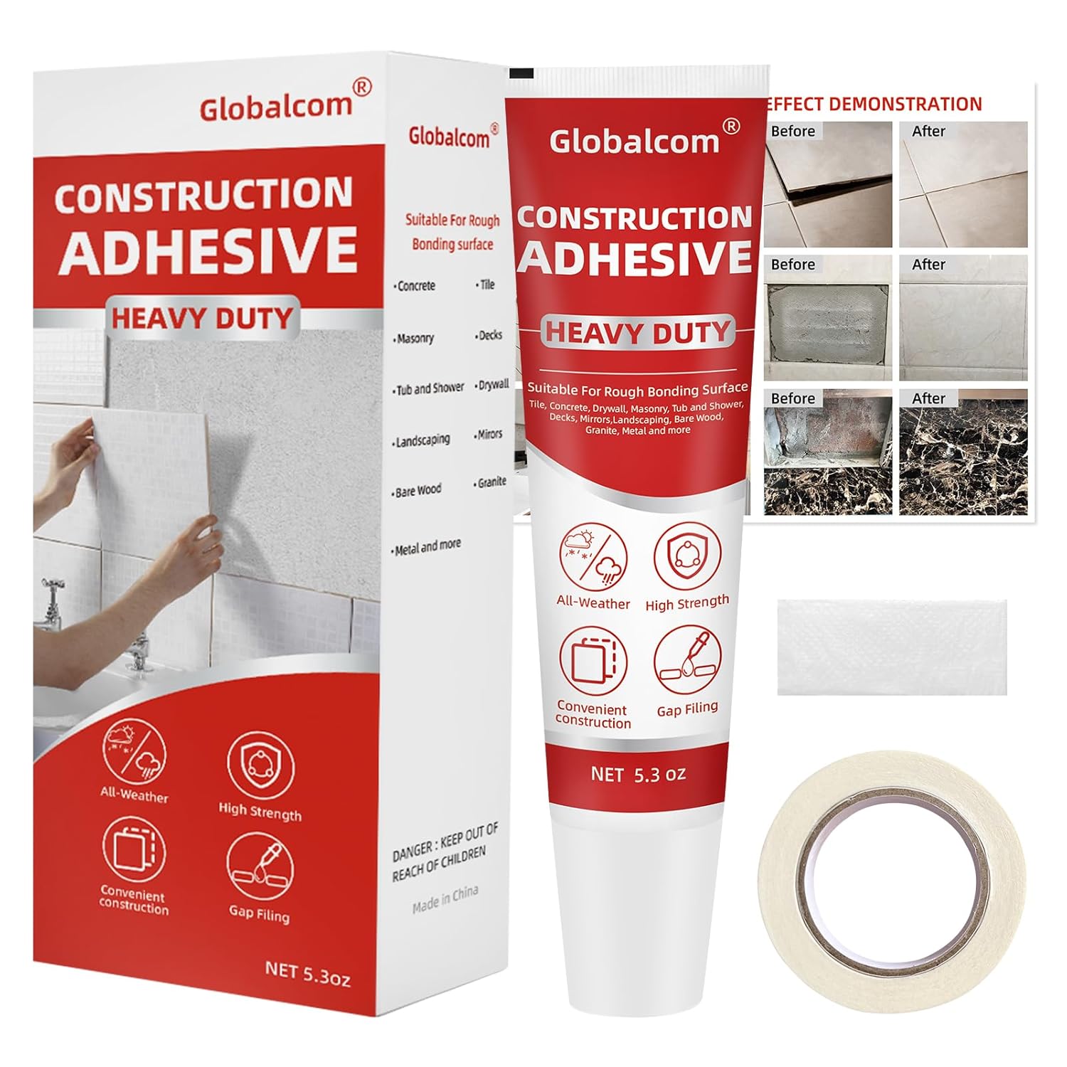 Globalcom Heavy Duty Construction Adhesive, Tile and Stone Marble Granite Wood Floor Adhesive, Gap Filling and Waterproof – 5.3 oz White