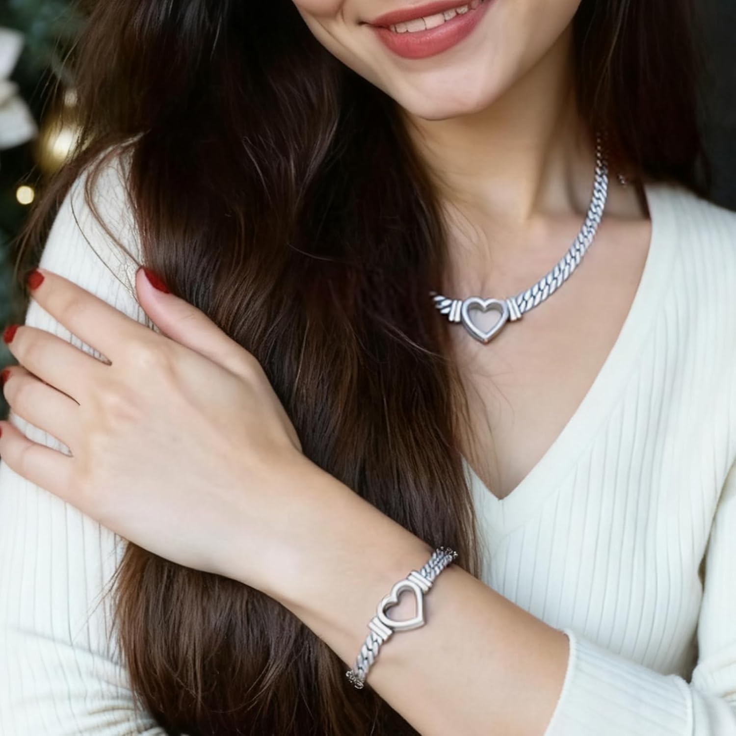 Chunky Flat Curb Chain Necklace and Bracelet Set, Gold/Silvery Stainless Steel Hollow Heart Pendant Jewelry for Women, Valentines Wedding Gift - Image 4