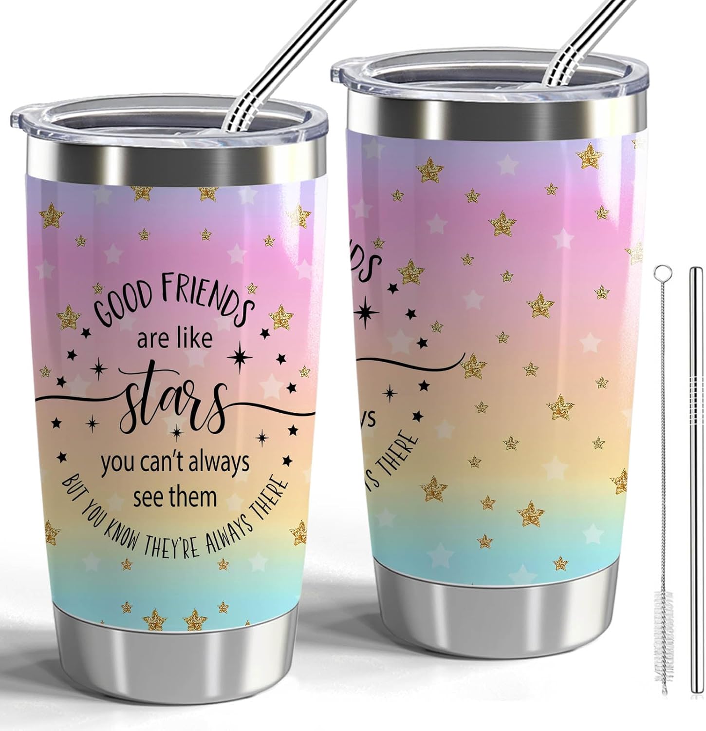 Friendship Gift Best Friends 20oz Stainless Steel Tumbler with Lid and Straw Good Friends Are Like Stars You Can't Always See Them But You Know They're Always There (Good Friends-Star)