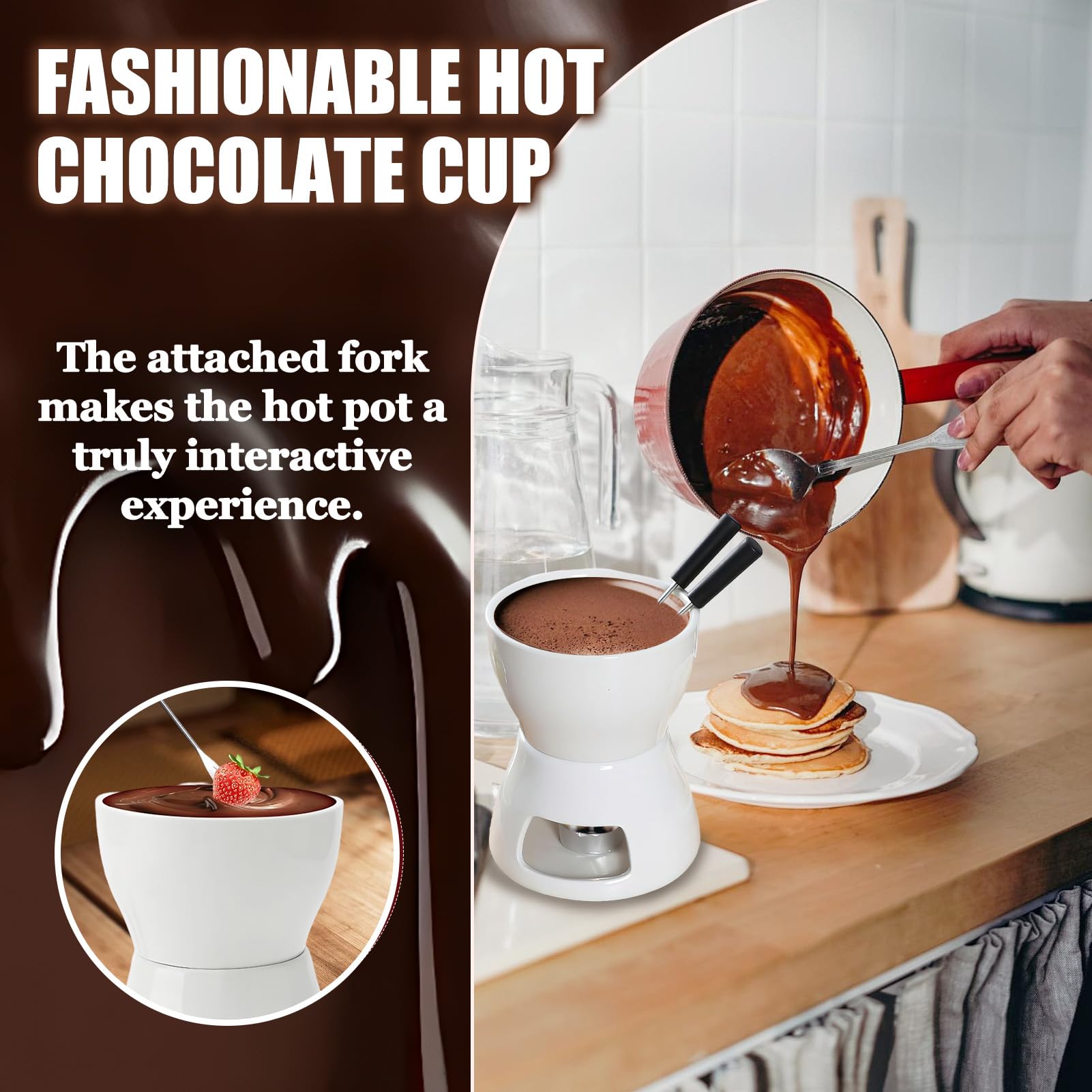 Dongcill Taza para Fondue de Chocolate,300 ml,de Cerámica,con 4 Tenedores y 5 Velas de té para 4 Personas,Paras Queso,Mantequilla,Caramelos