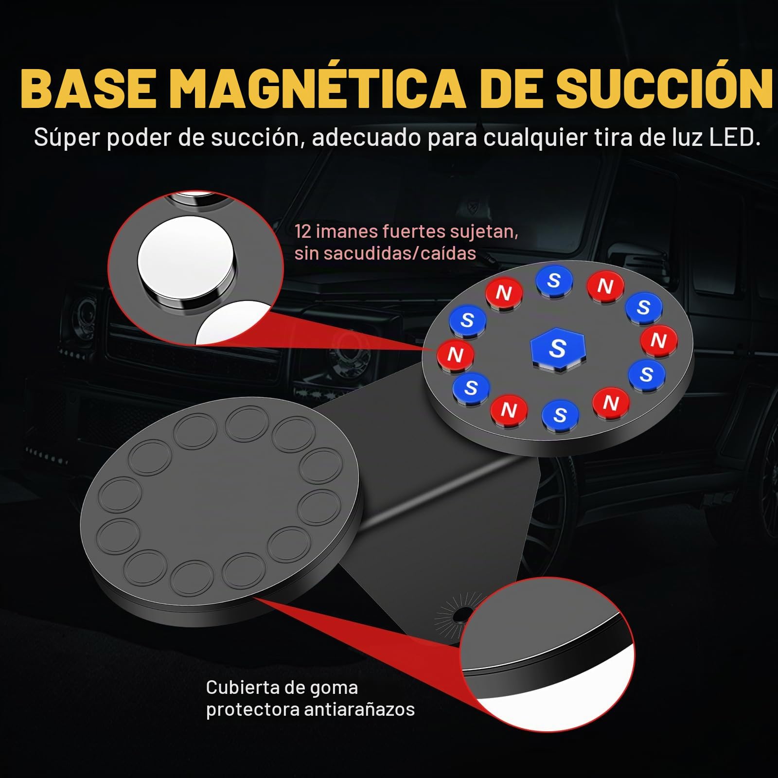 RIGIDON 2x 88mm soportes de montaje base magnética para barra de luces led | Universal, potente, soporte con almohadilla de goma, para coche todoterreno camión 4x4 ATV SUV barco, robusto y duradero