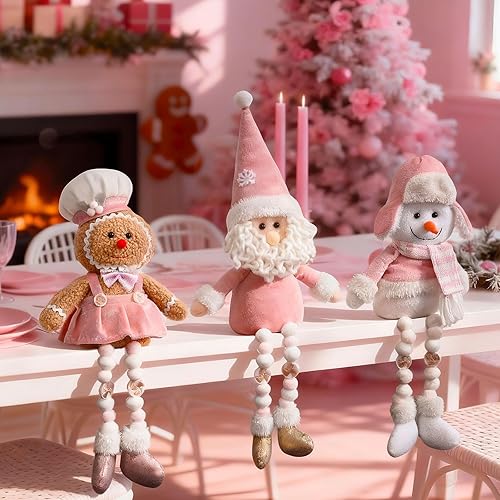Miniatura 6 de Decoración de muñecas de Navidad rosadas, 3 piezas de hombre de jengibre relleno rosa, muñeco de nieve, gnomo de Papá Noel, peluche hecho a mano de